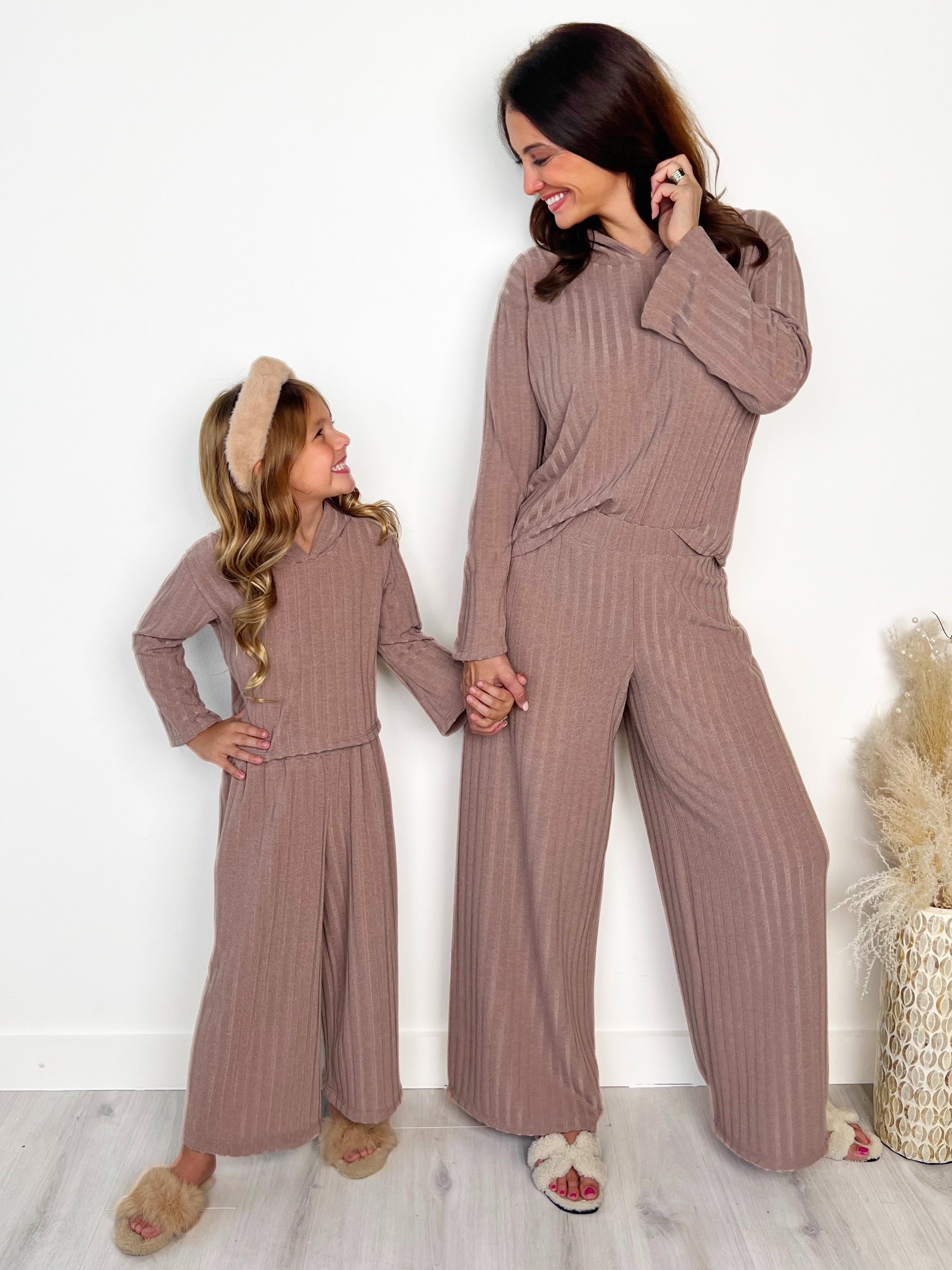 Mommy And Me Cozy Beige Ribbed Hooded Pant Set