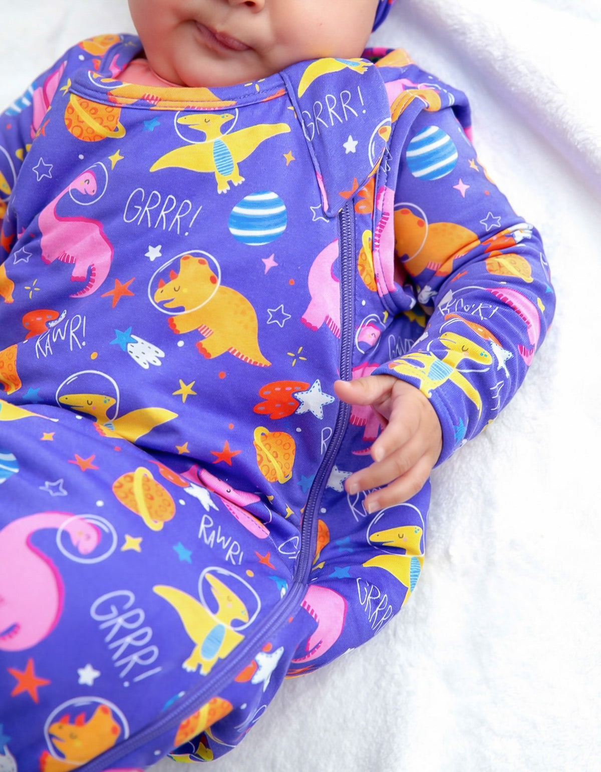 Space Dino Bamboo Sleep Sack | Electric Blue & Purple