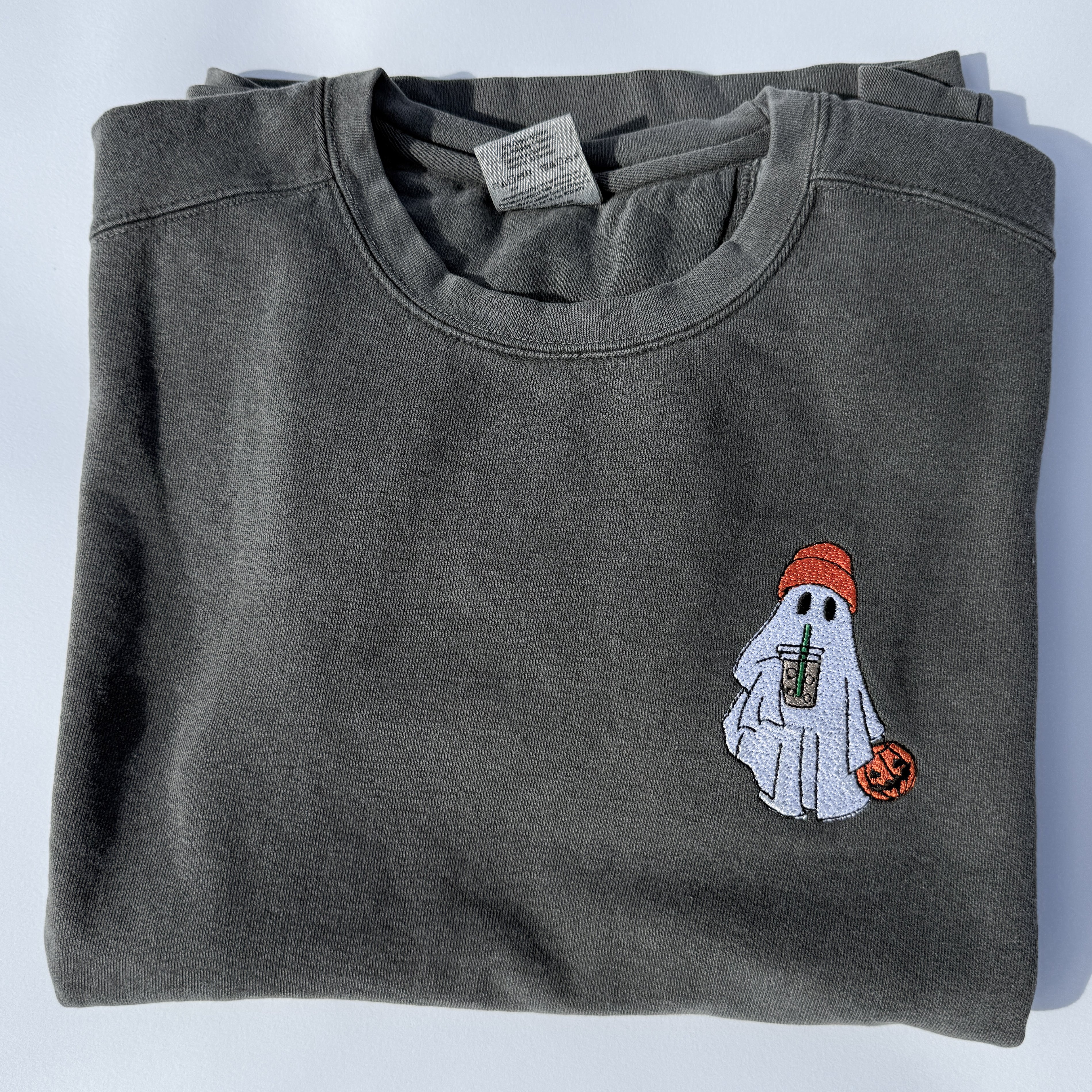 Adult Embroidered Iced Coffee Ghost Comfort Colors Crewneck Sweatshirt - More Colors