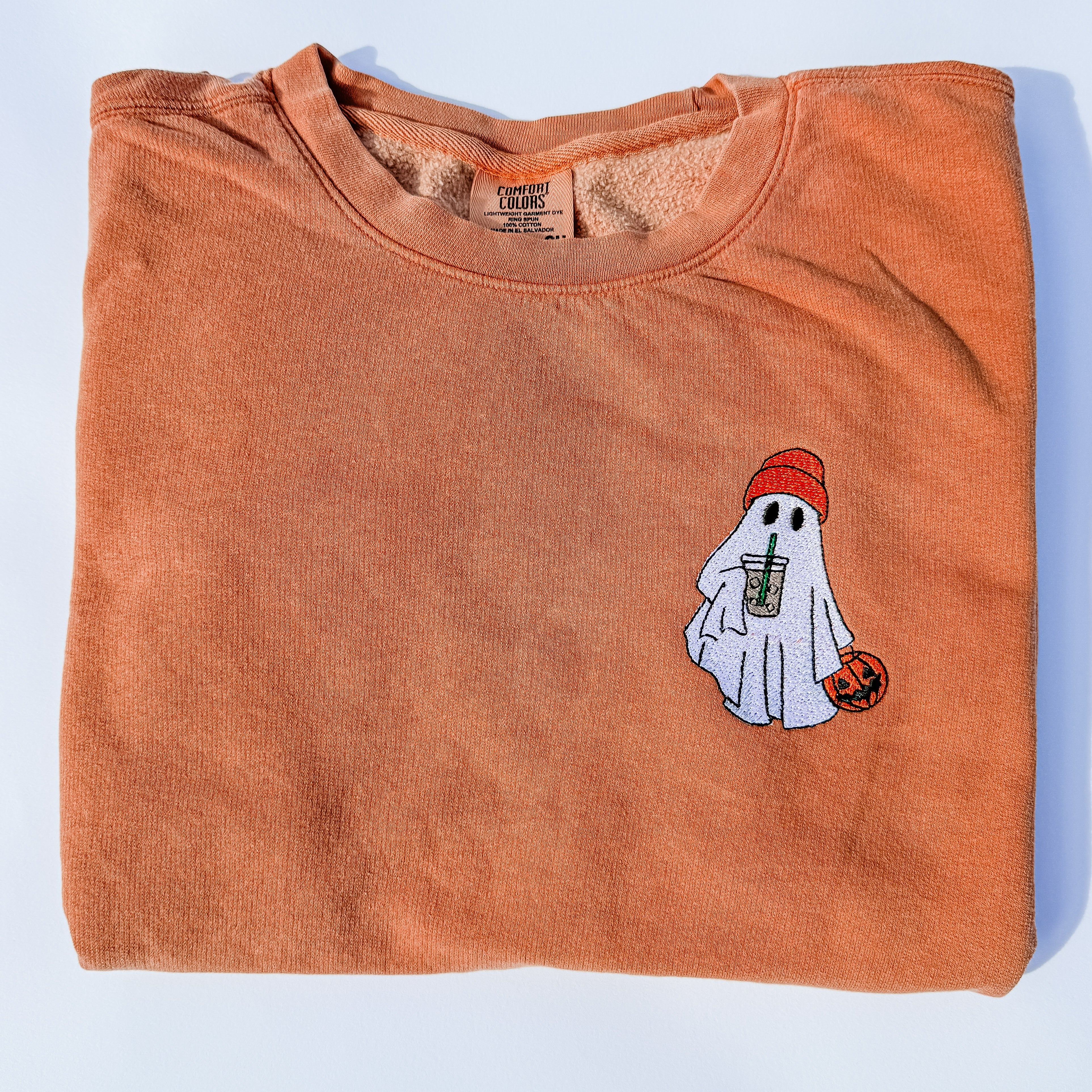 Adult Embroidered Iced Coffee Ghost Comfort Colors Crewneck Sweatshirt - More Colors