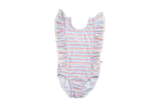 Rosie Ruffle Swimsuit- Retro Rainbow Stripe