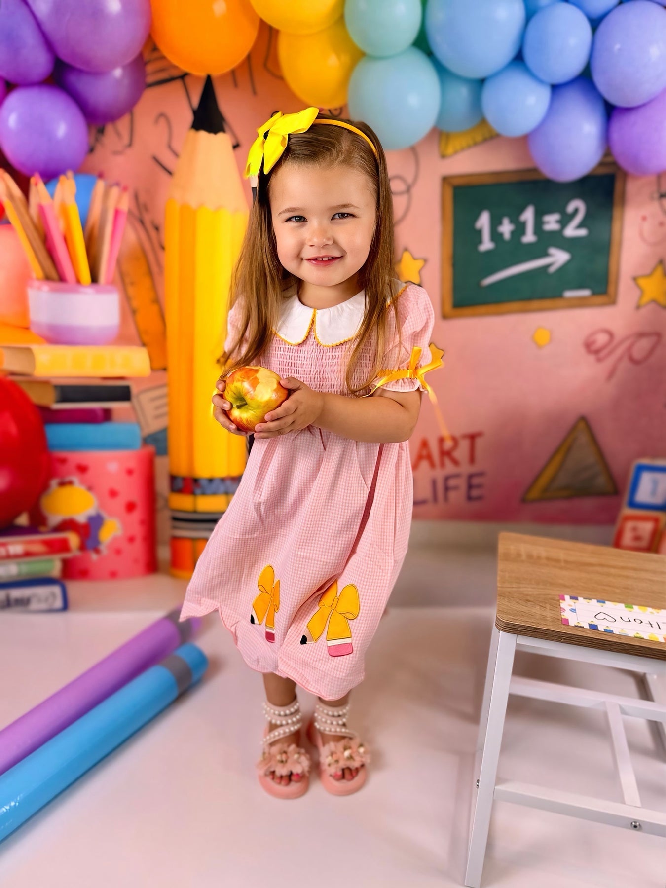 Girls Back To School Pencil Twirl Dress Bow Applique Smocked