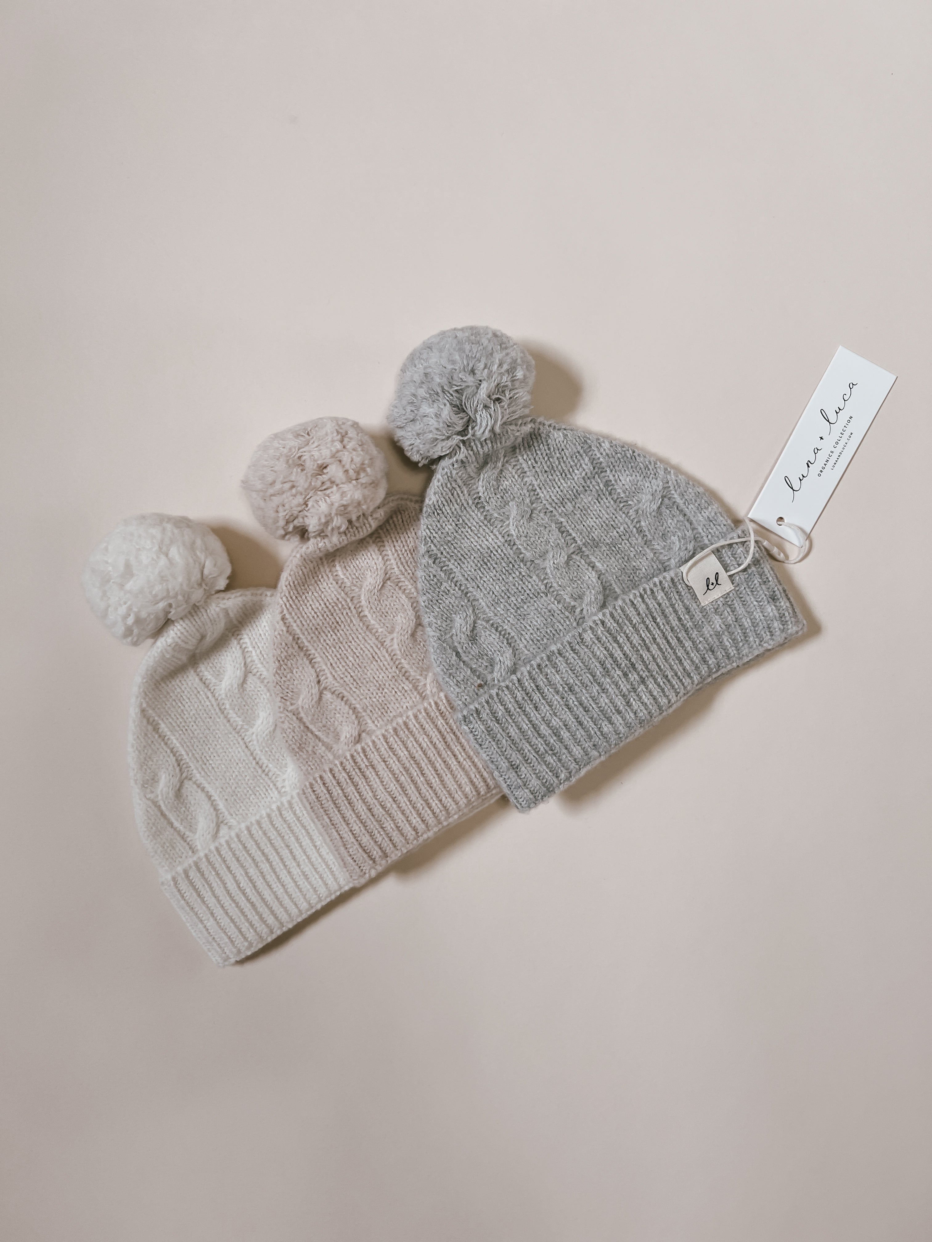 Luna + Luca Cable Knit Pom Beanie - Heather Gray