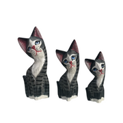 Set Of Wooden Gray Cute Cat Decoration Figurine