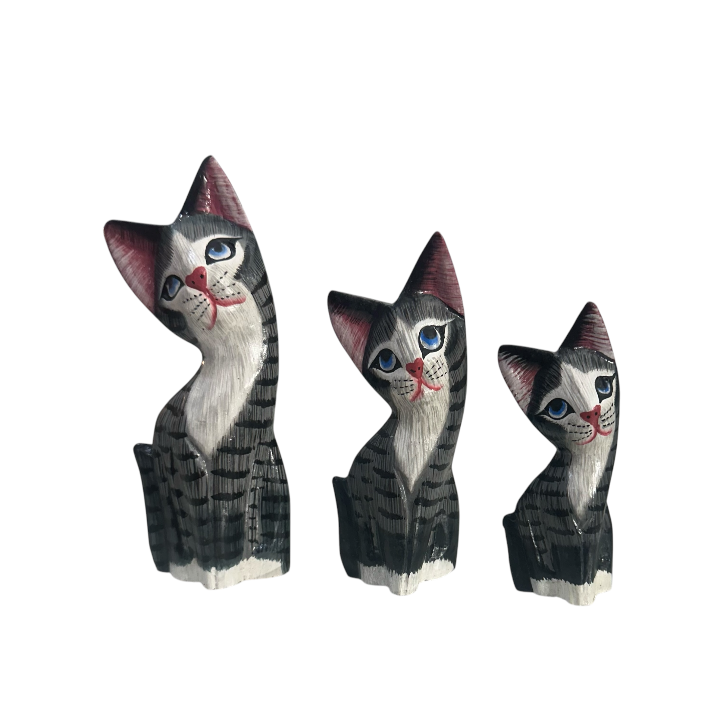Set Of Wooden Gray Cute Cat Decoration Figurine