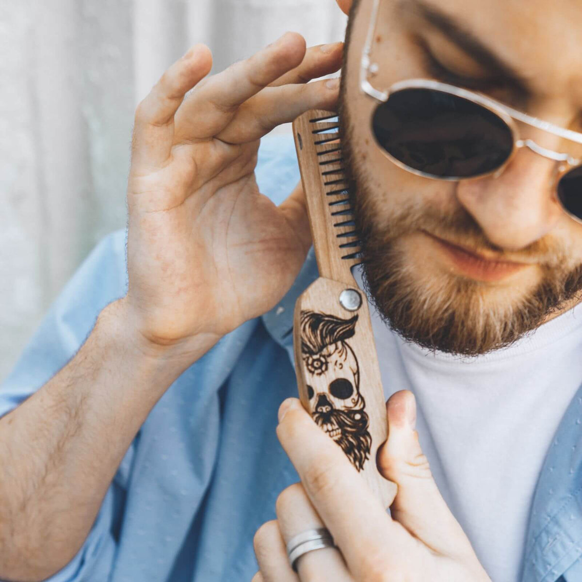 Wooden Beard Comb - Sugar Skull