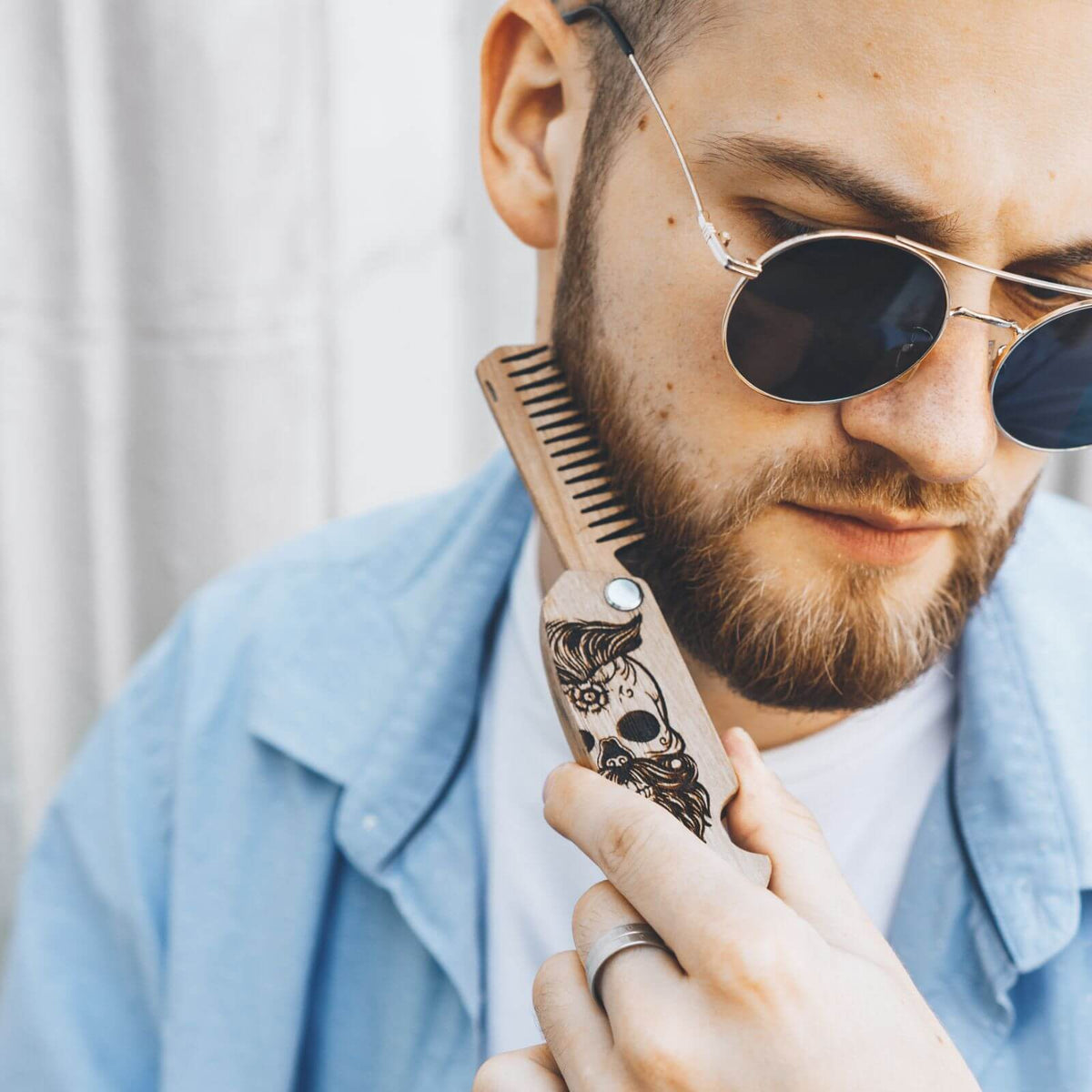 Wooden Beard Comb - Sugar Skull