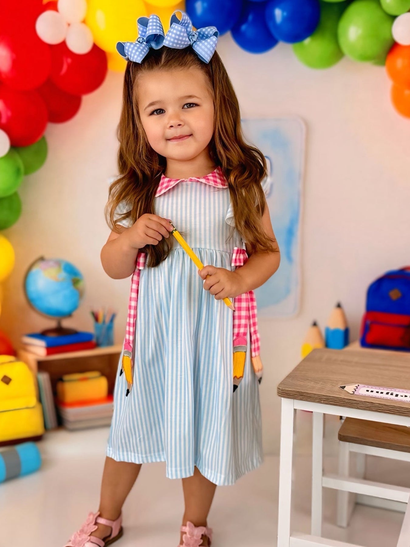 Back To School Girls Striped Lapels Bow Dress