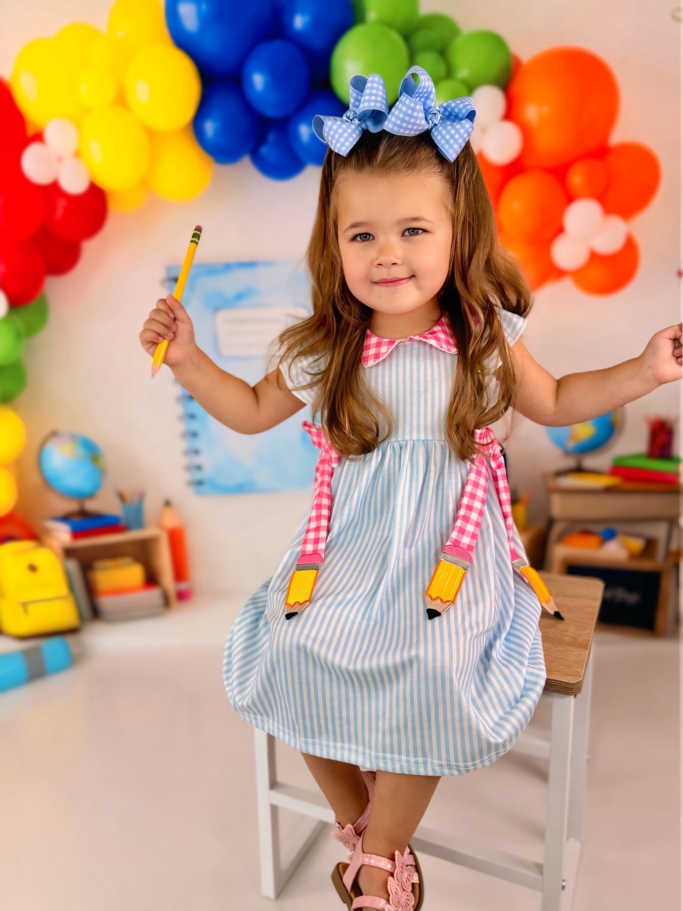 Back To School Girls Striped Lapels Bow Dress