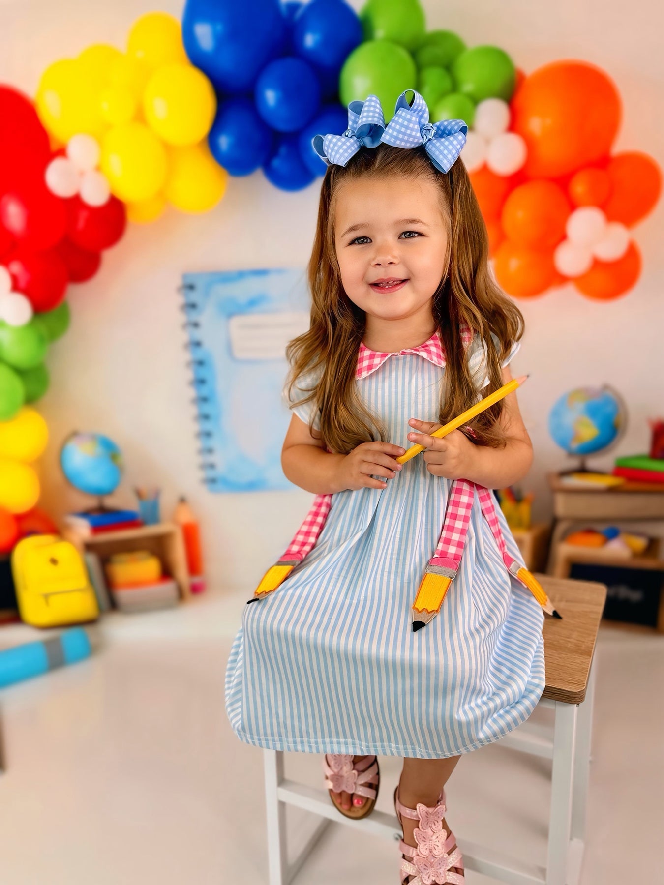 Back To School Girls Striped Lapels Bow Dress