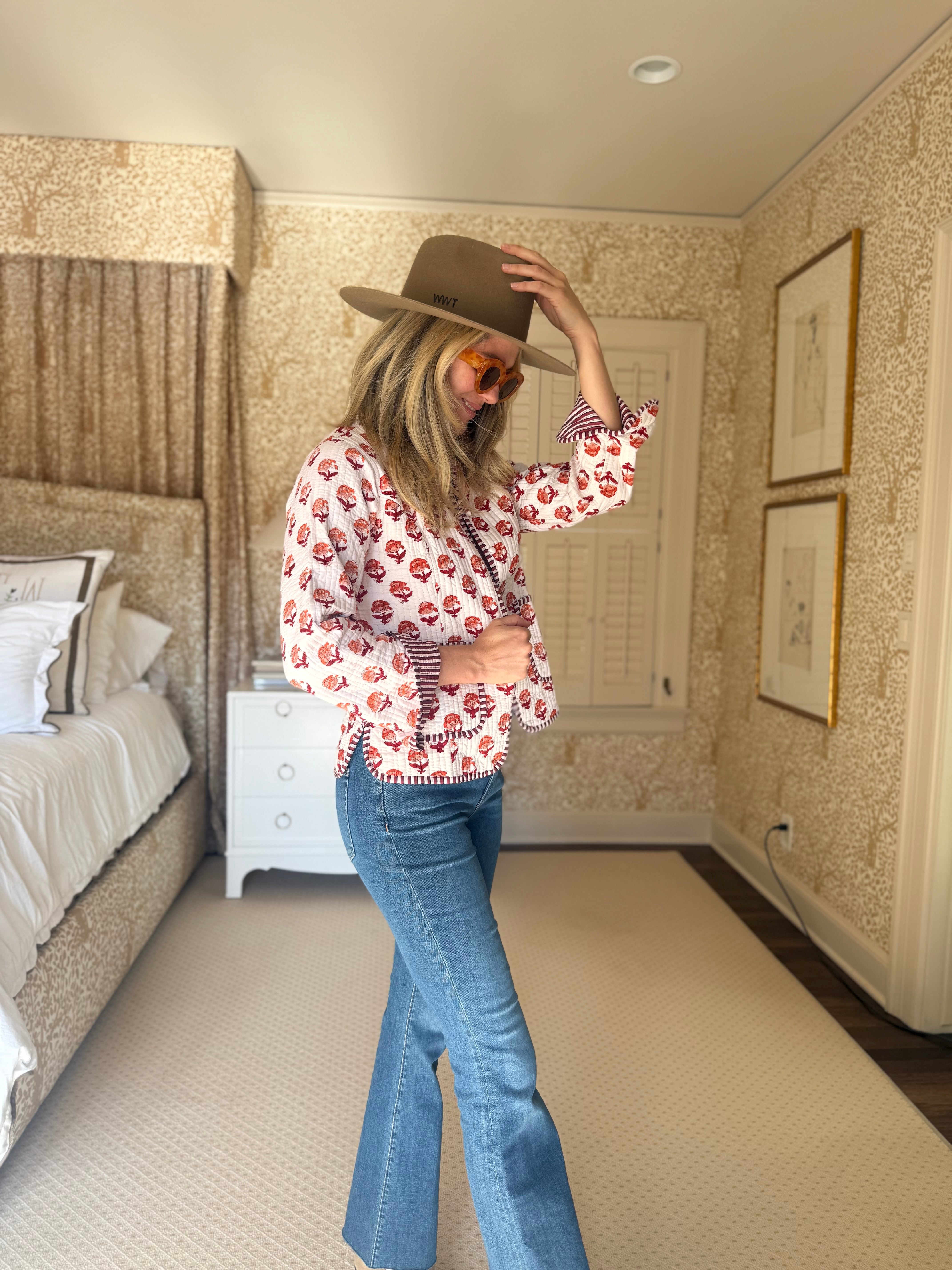 The Charlotte Jacket In Red And Orange Posy