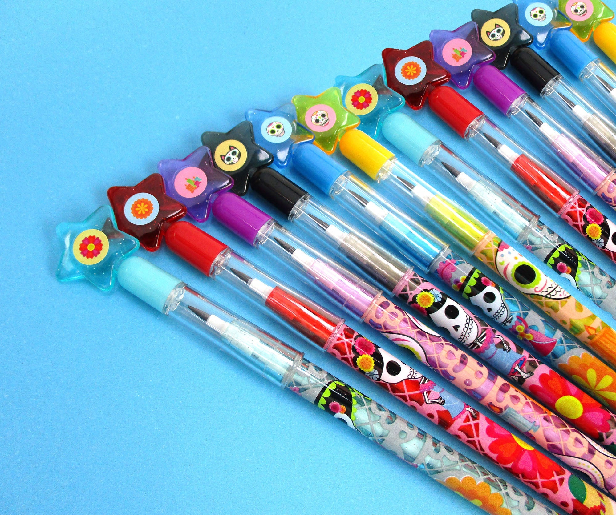 Day Of The Dead Stackable Multi Point Pencils - Set Of 6