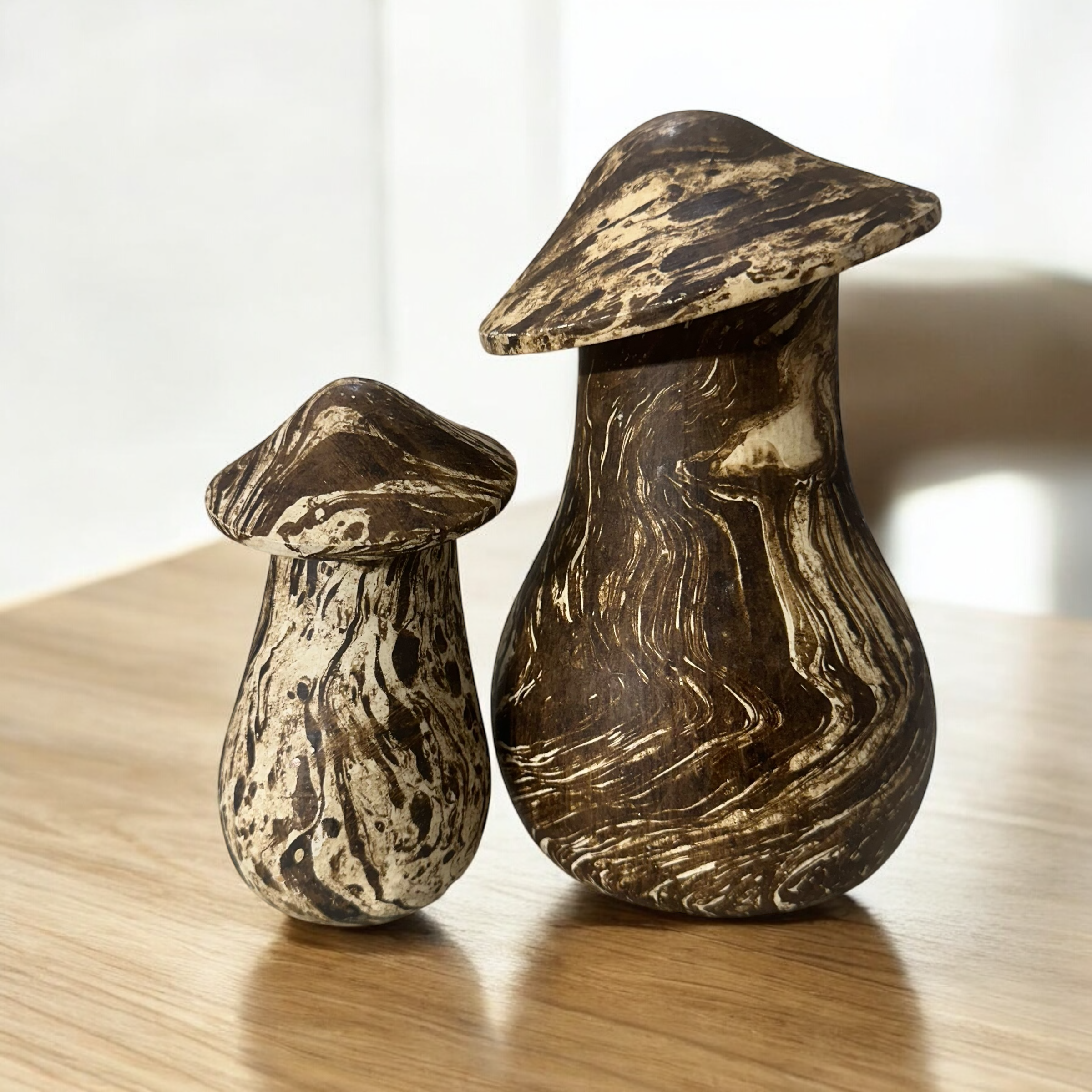 Forest Whimsy Hand-carved Wooden Mushroom Duo