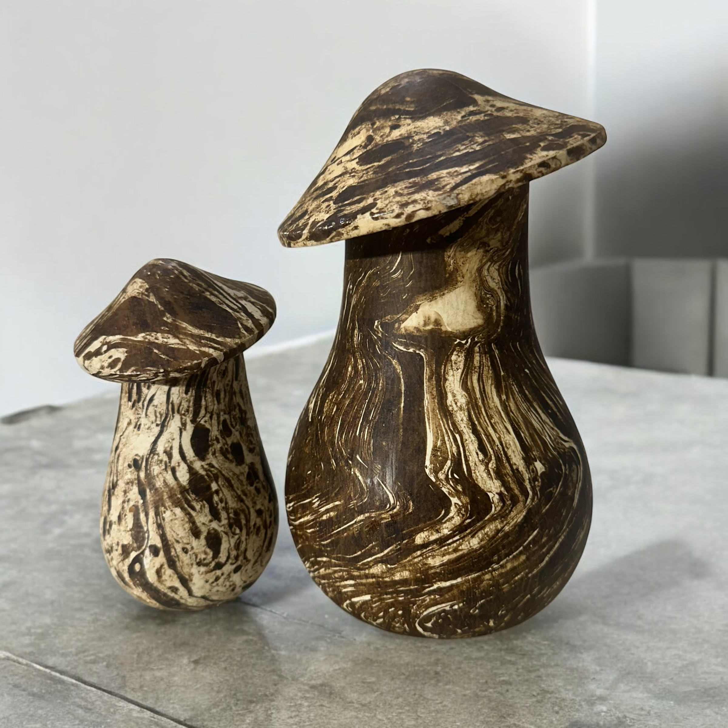 Forest Whimsy Hand-carved Wooden Mushroom Duo