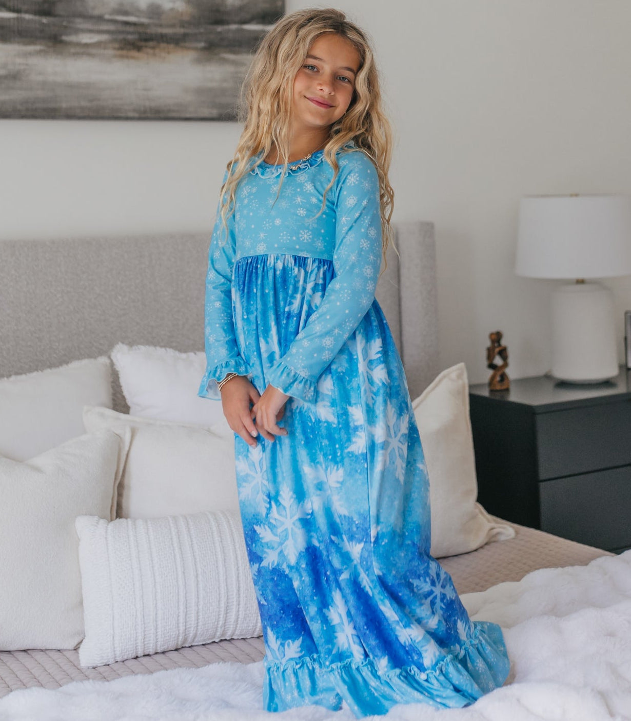 Oopsie Daisy Snowflake Blue Girls Lounge Gown With Ruffle Hem – EasyTot