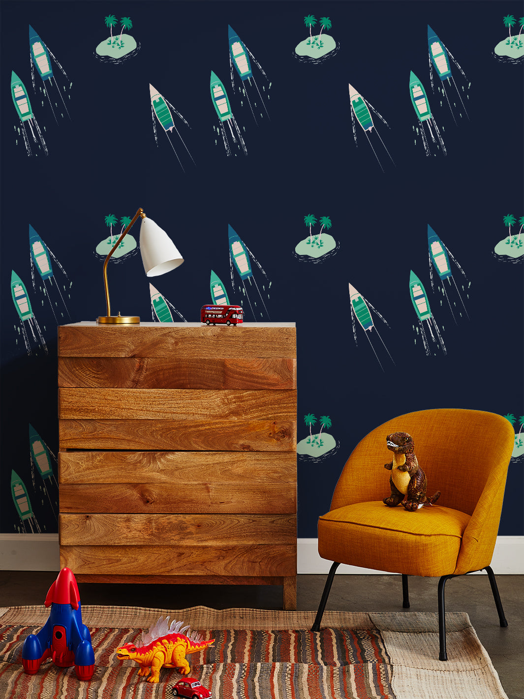 'island Boats' Wallpaper By Tea Collection - Navy