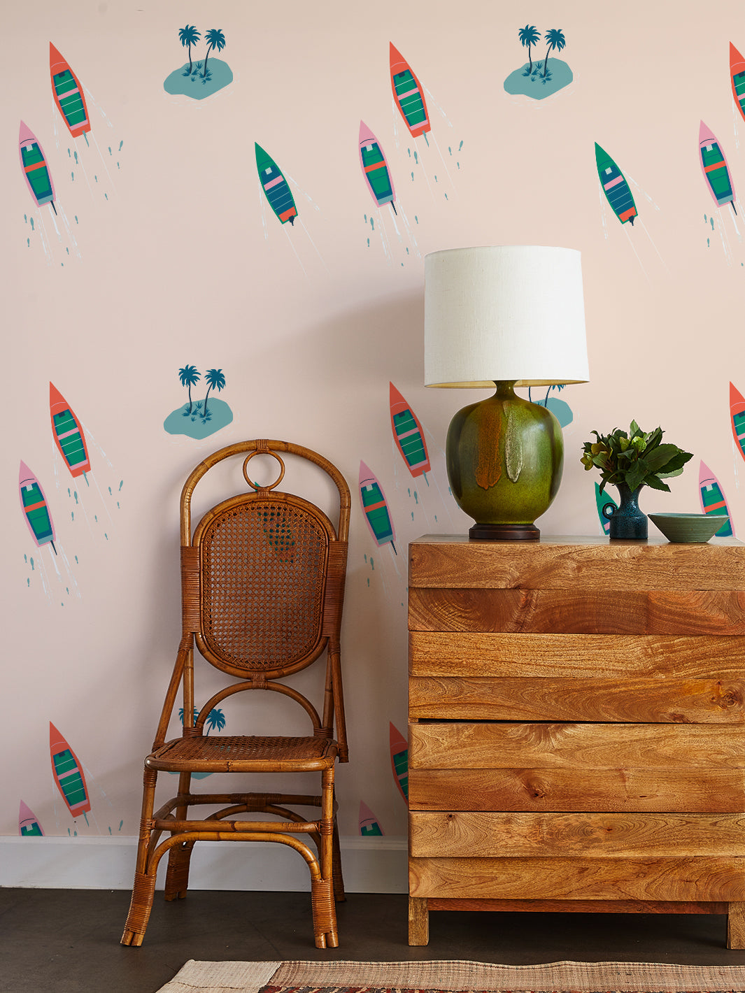 'island Boats' Wallpaper By Tea Collection - Peach