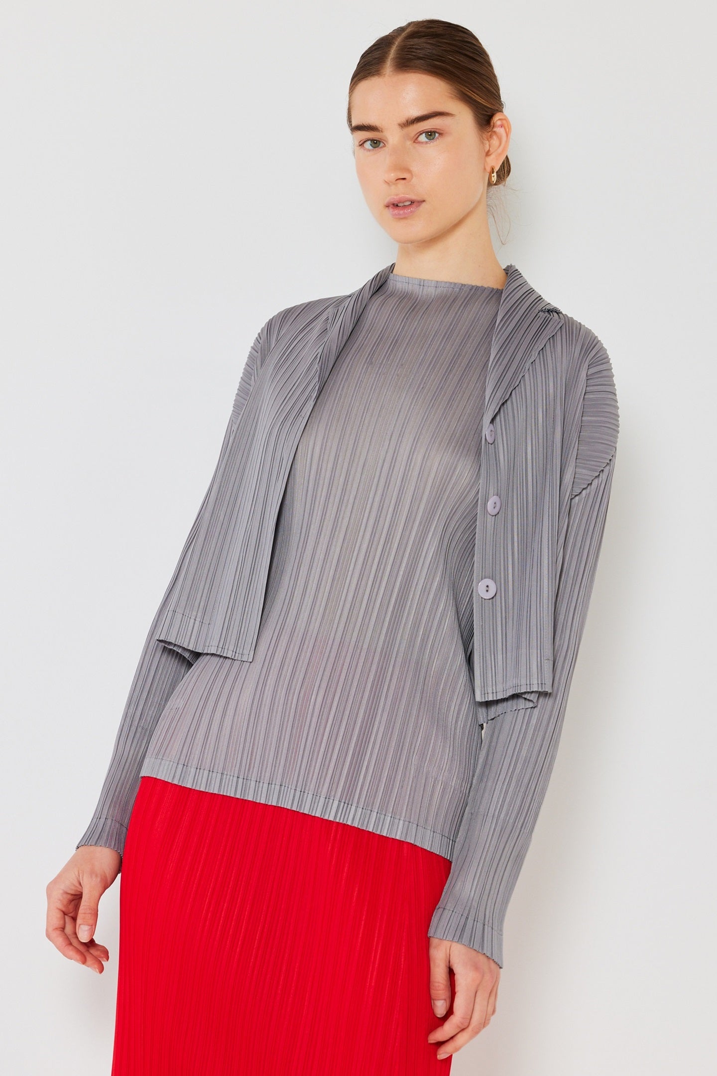 Pleated Cropped Button Up Top - J03cr_gray