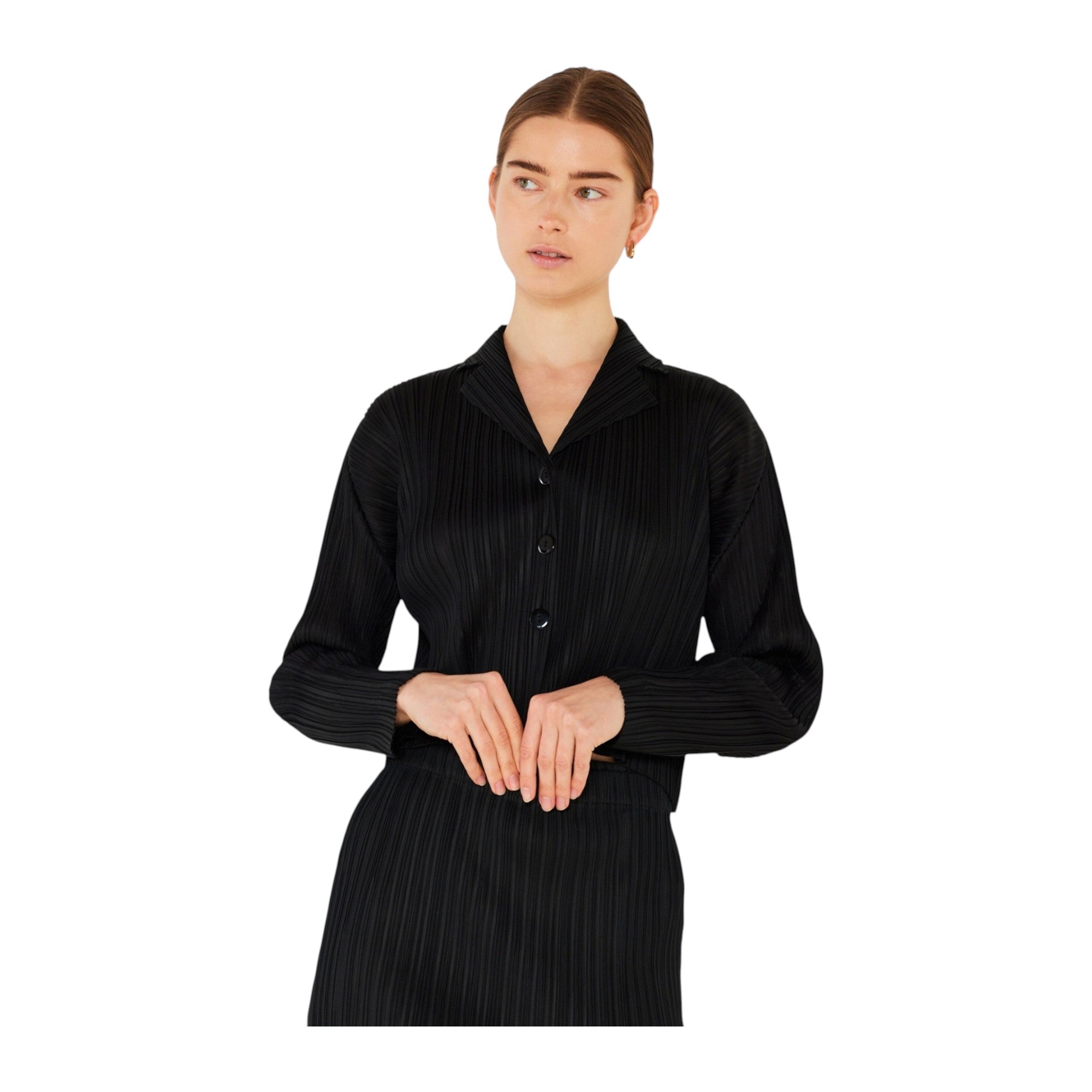 Pleated Cropped Button Up Top - J03cr_black