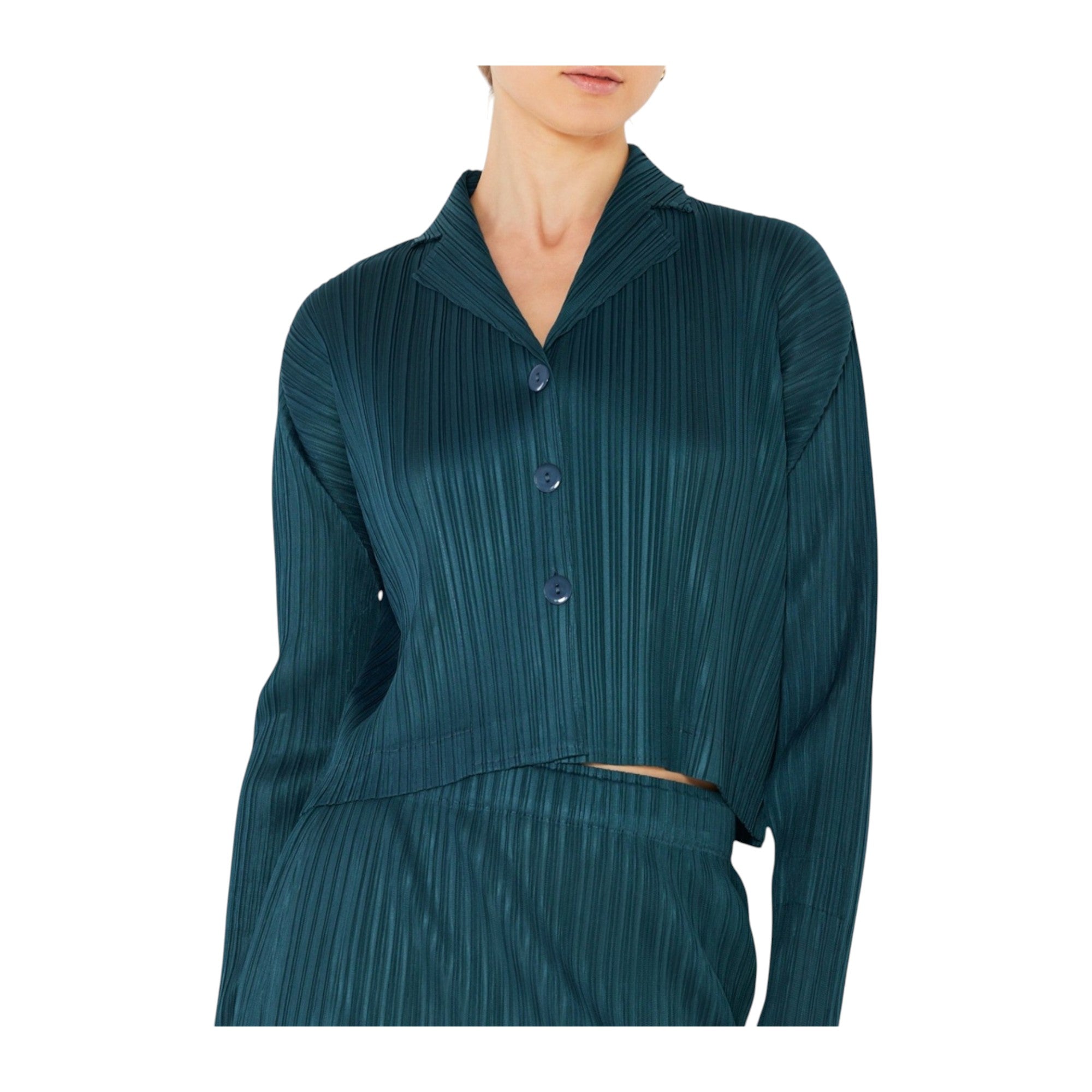 Pleated Cropped Button Up Top - J03cr_deep Green