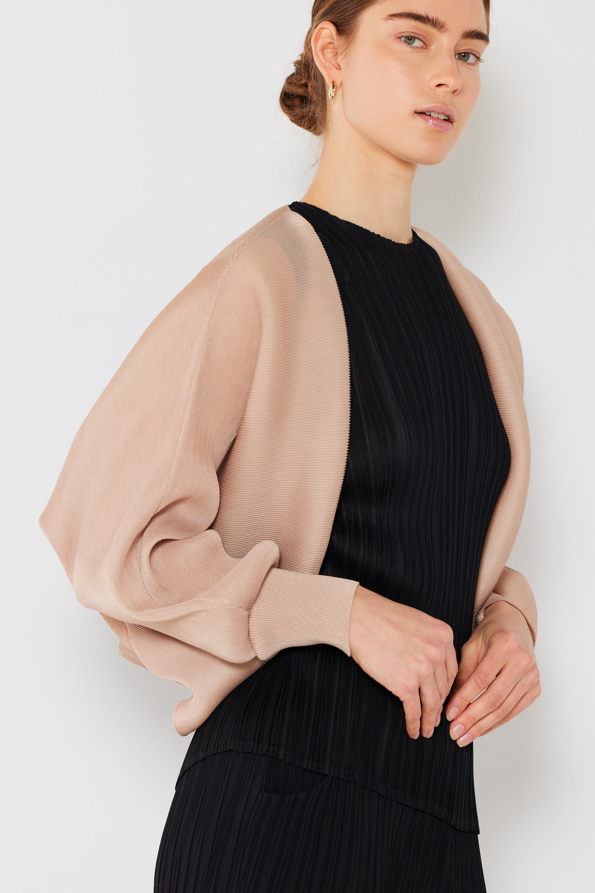 Pleated Puff Sleeve Bolero Jacket - J04sr_beige