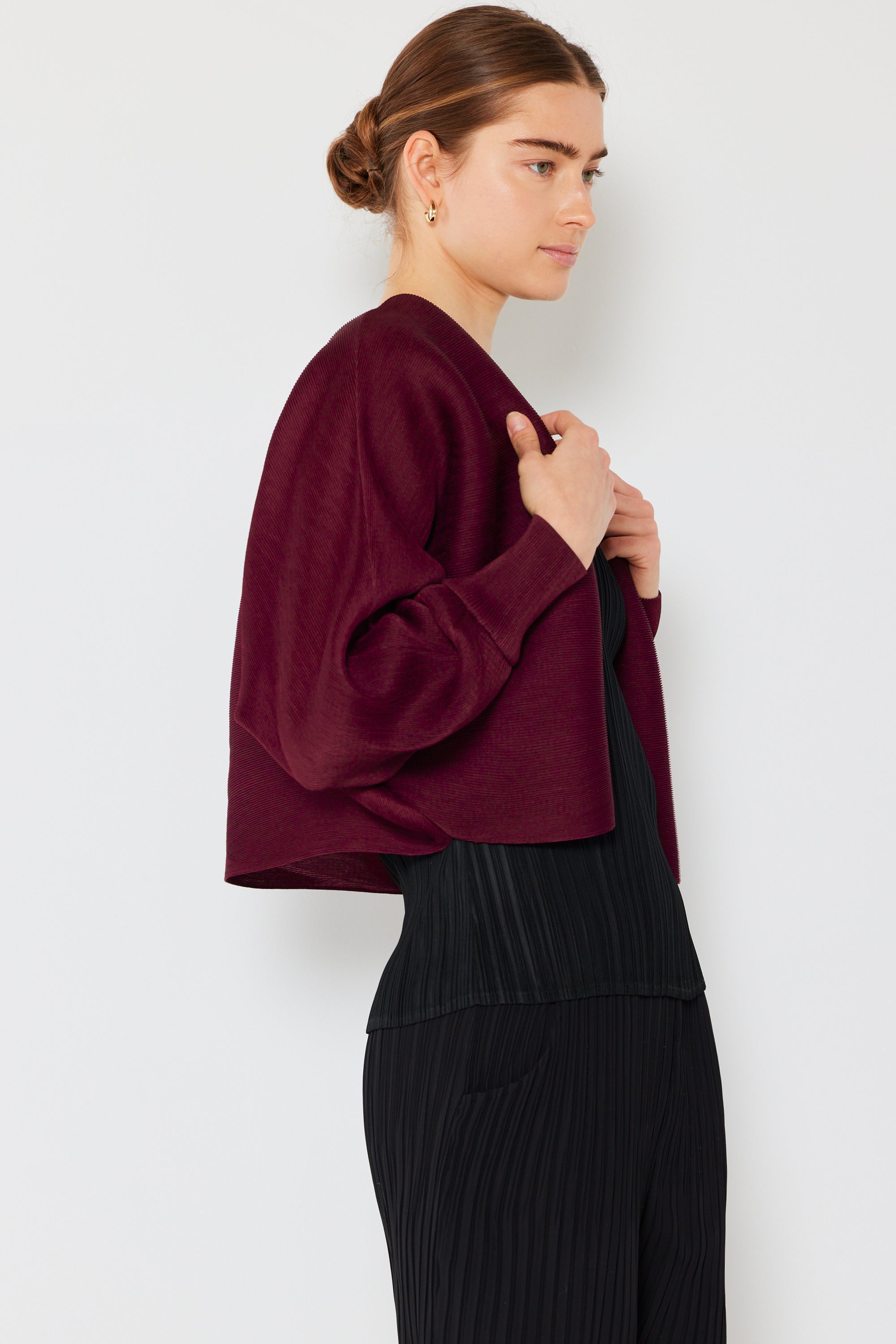 Pleated Puff Sleeve Bolero Jacket - J04sr_wine
