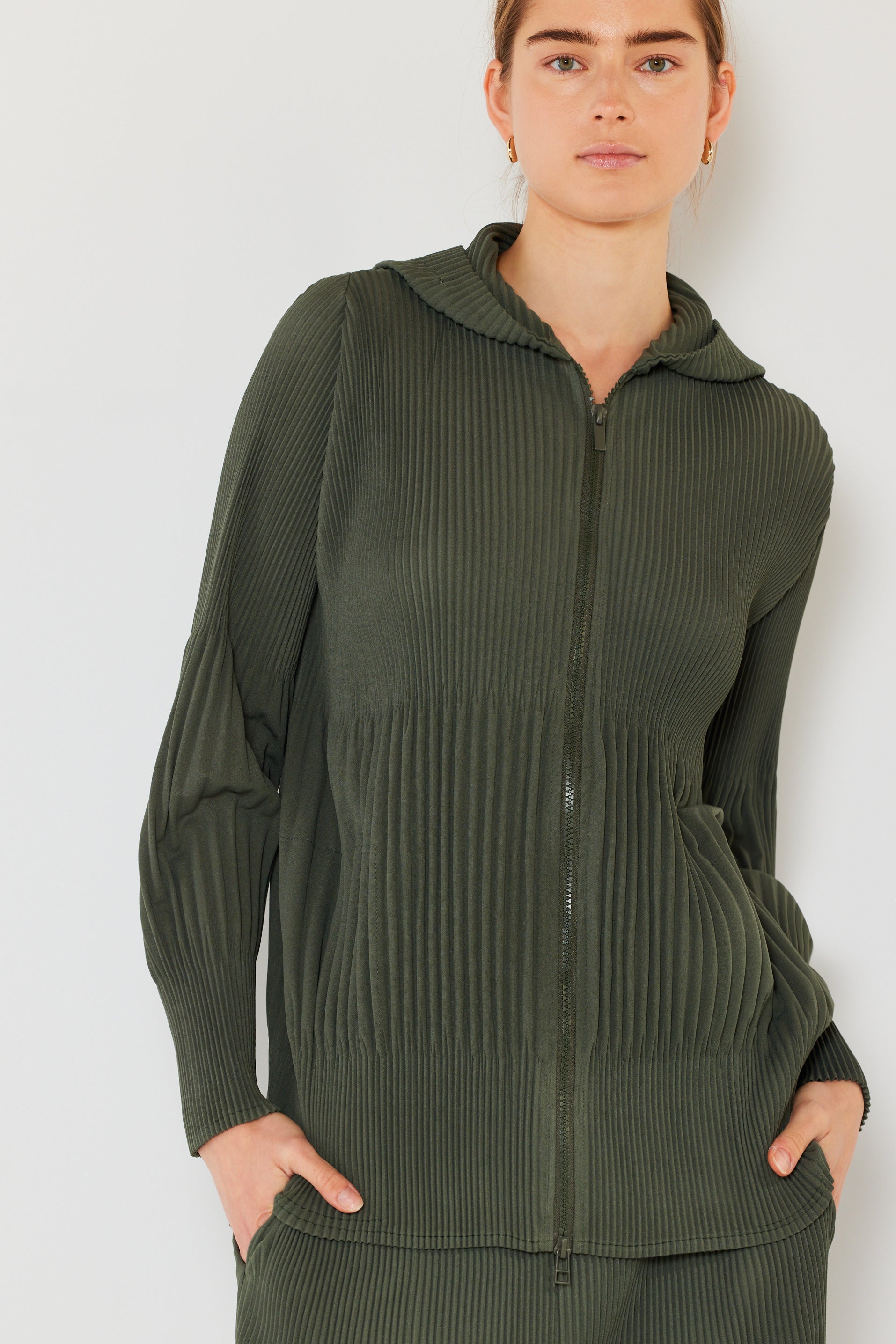 Pleated Unisex Plisse Jacket W/2 Way Zipper - J05hd_army Green