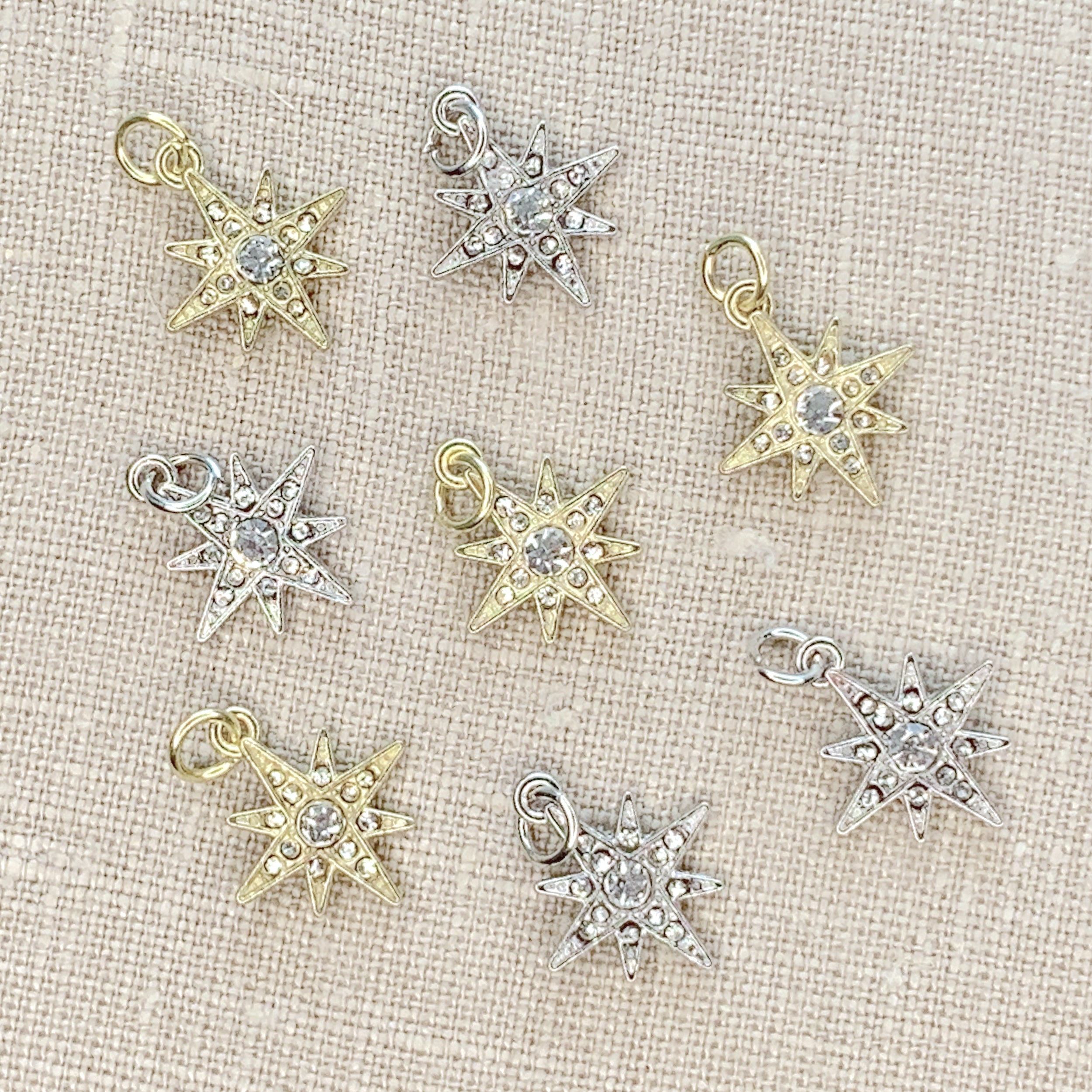 Gold And Silver Pave Crystal Starbursts Charm Set Of 8