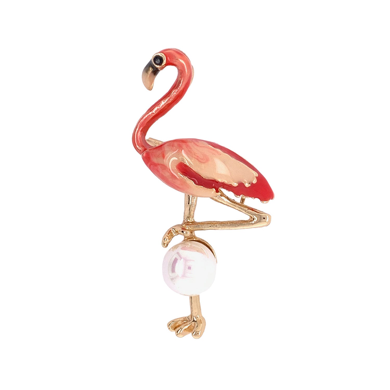 Enameled Pink Flamingo With Pearl Brooch