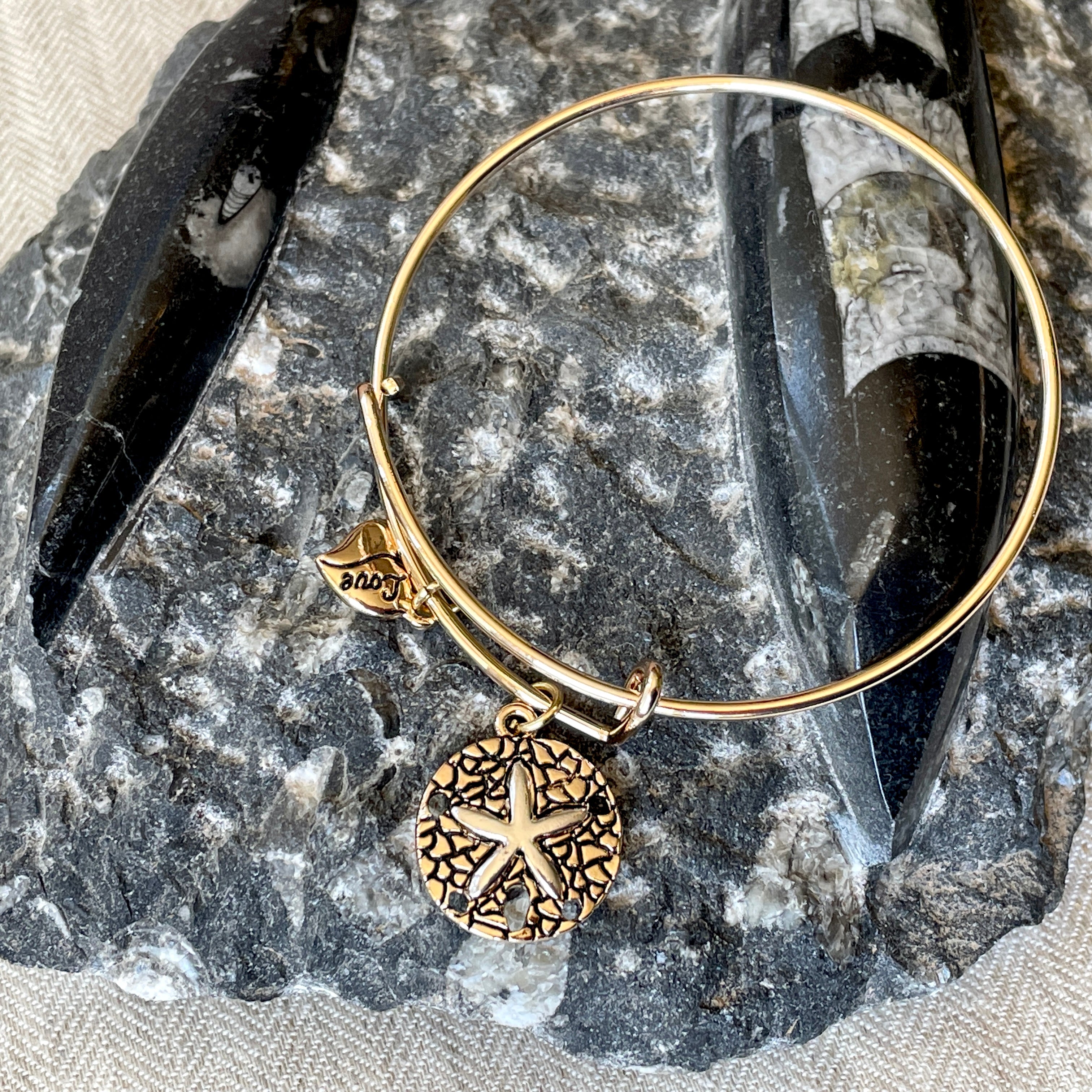 Bangle Bracelet With Sand Dollar Charm, Gold