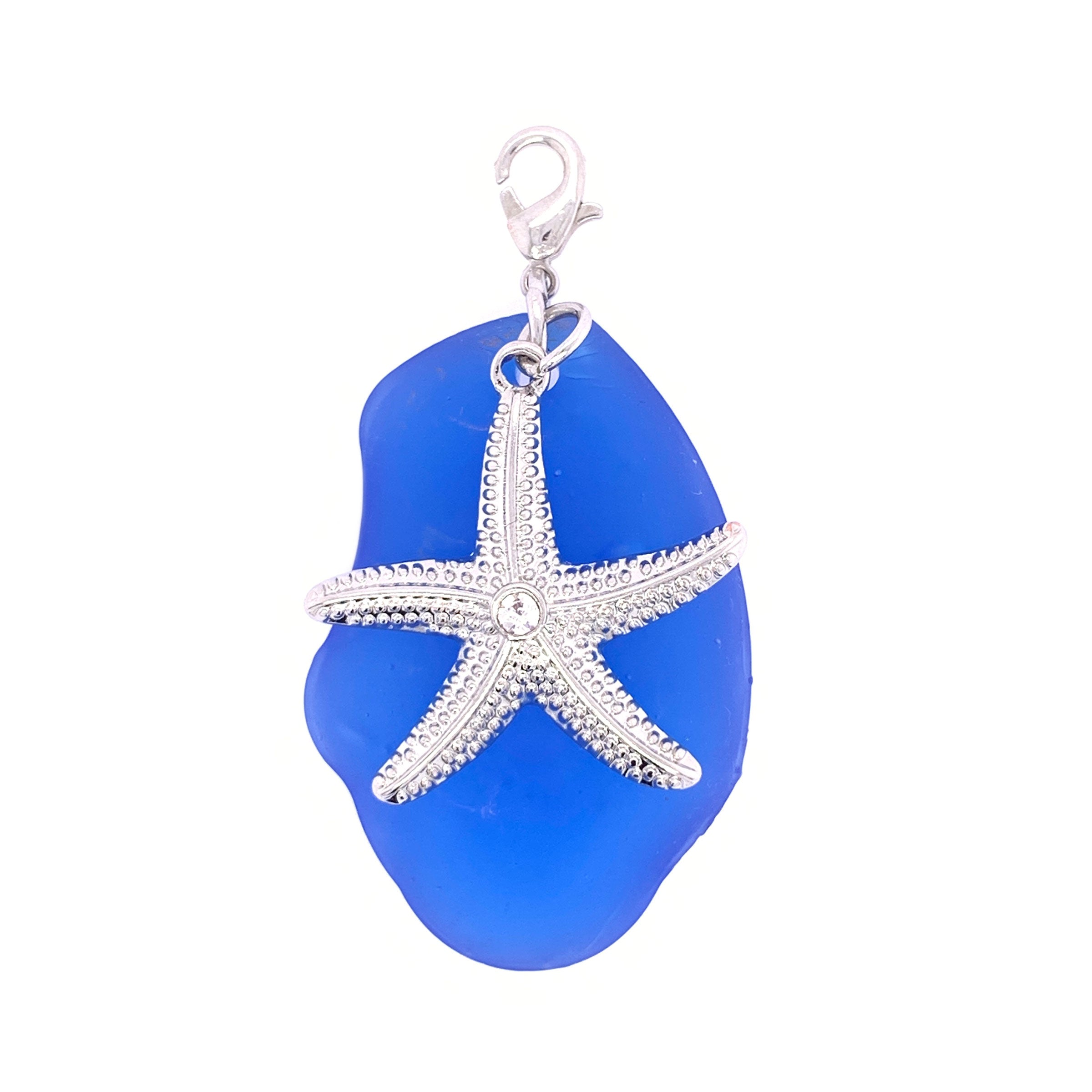 Blue Seaglass Pendant Charm With Silver Starfish