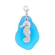 Aqua Seaglass Pendant Charm With Silver Seahorse