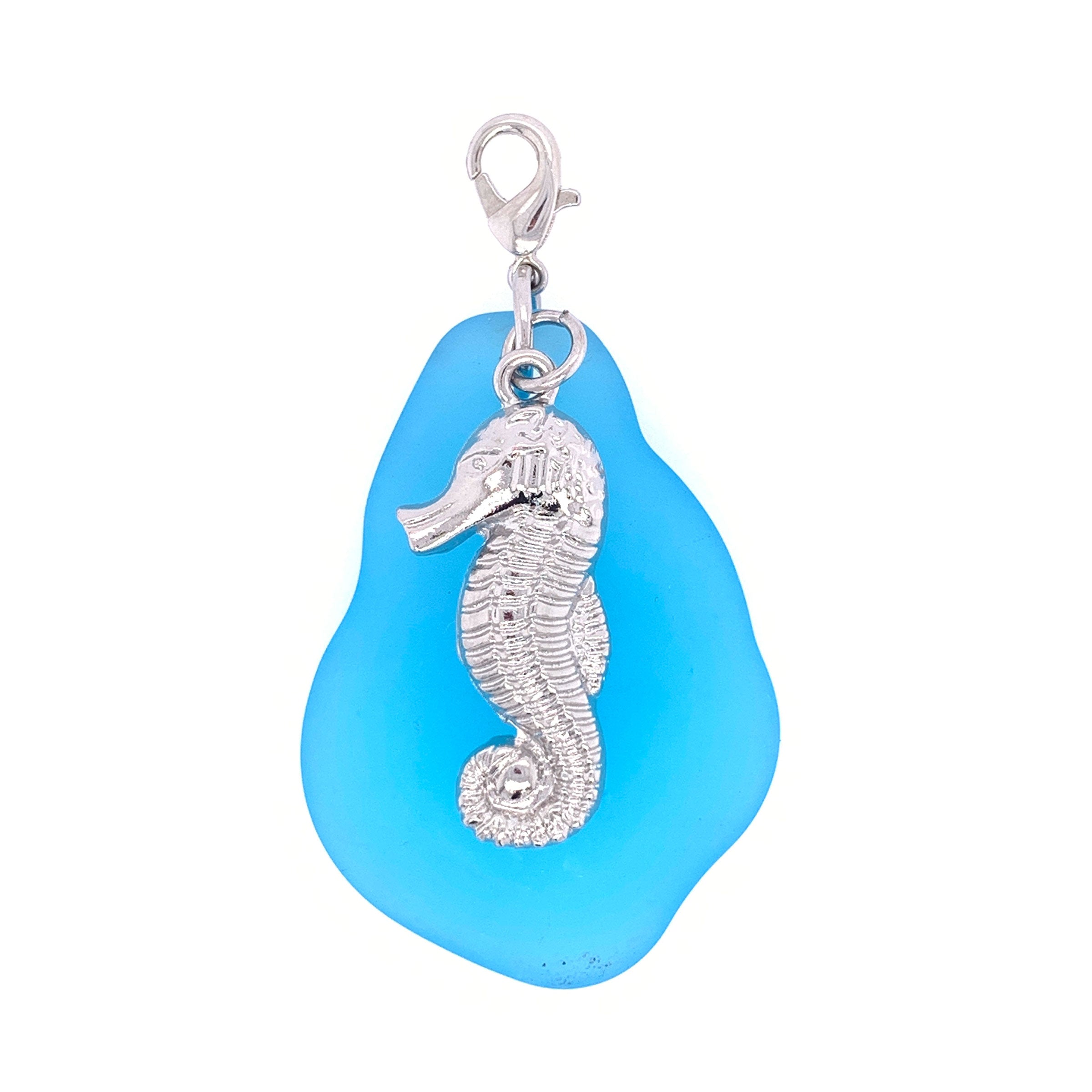 Aqua Seaglass Pendant Charm With Silver Seahorse