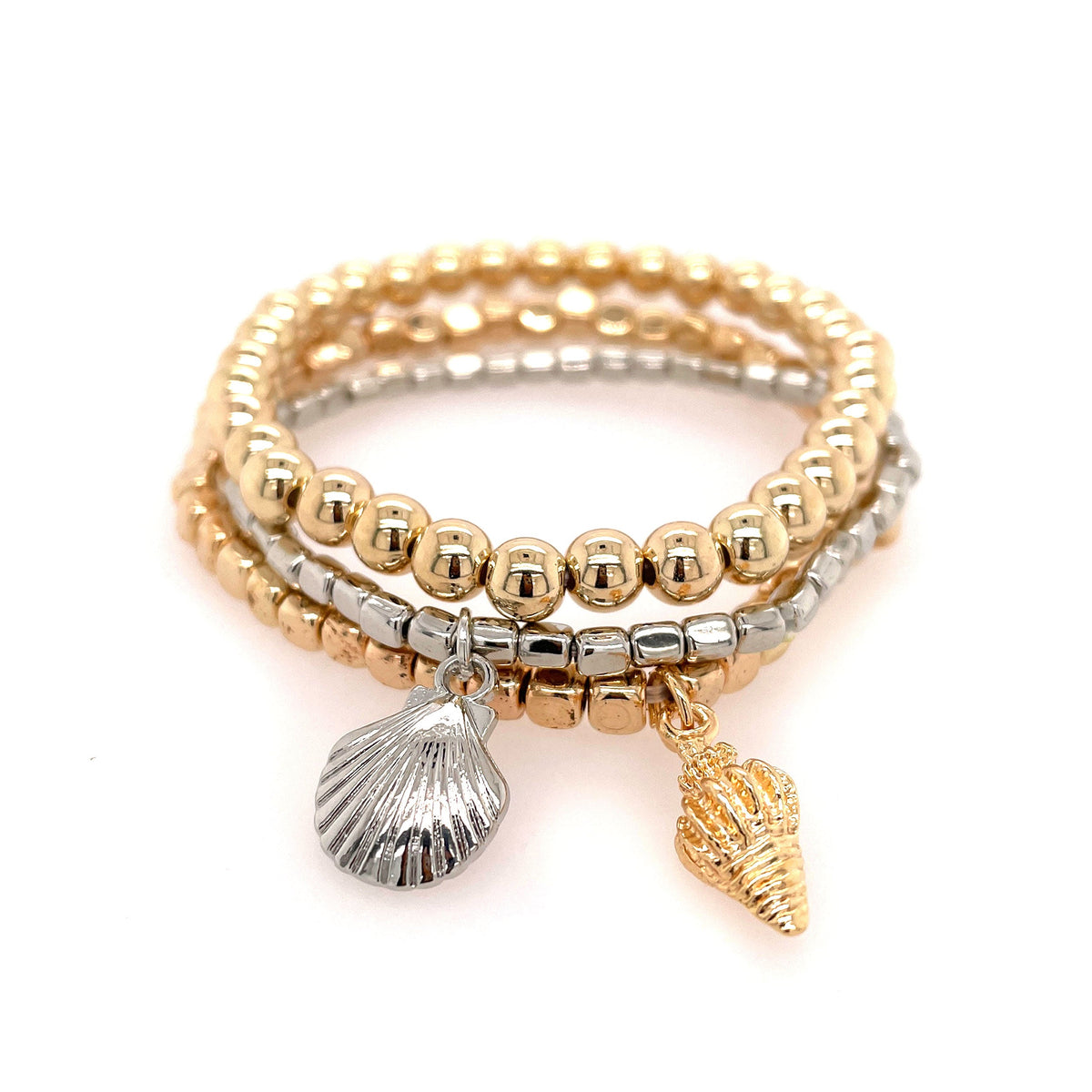 Gold And Silver Shells Coastal Metallic Beaded Bracelet Set