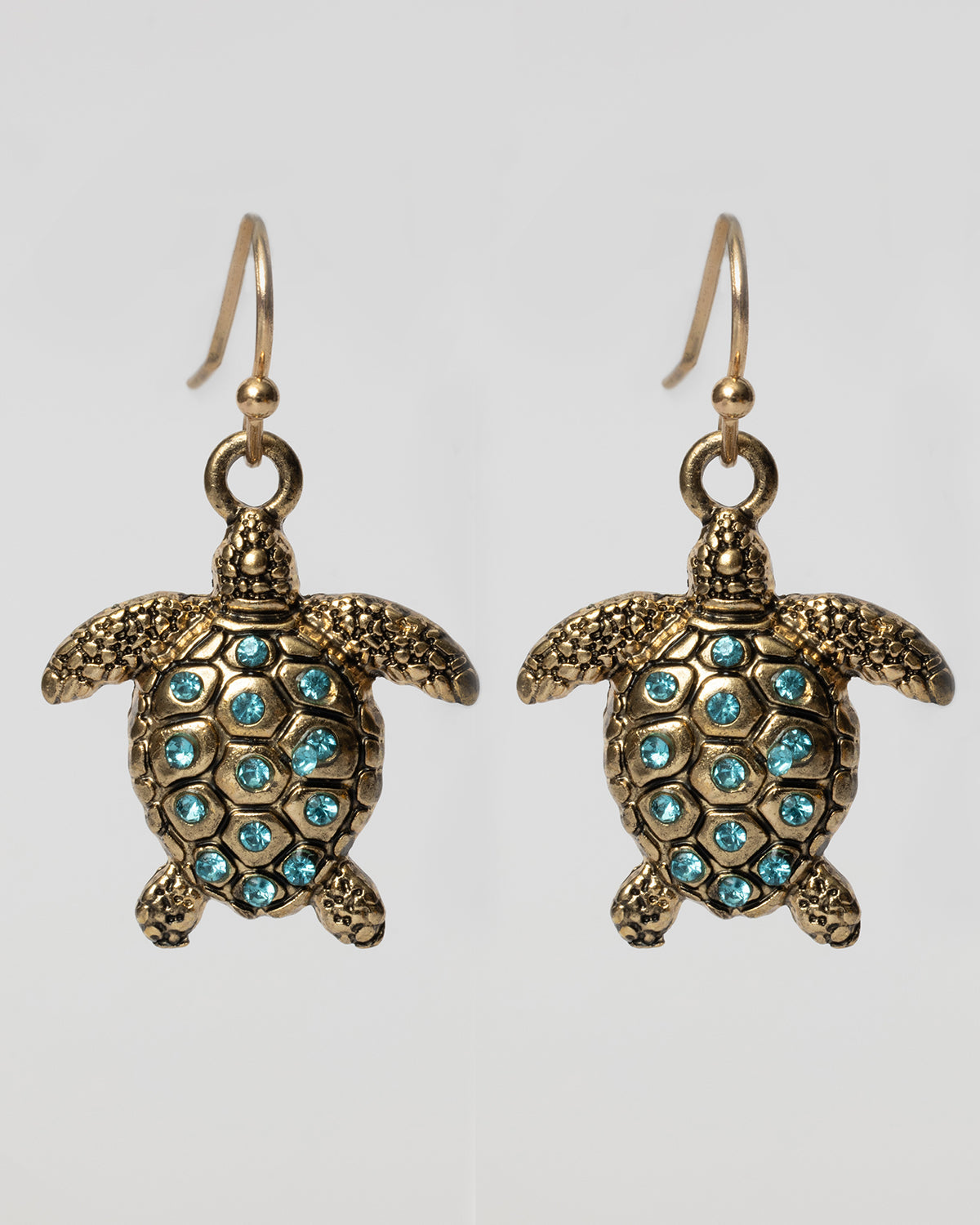 Gold Textured Turtle Dangle Earrings With Ocean Blue Crystals Coastal Cowgirl