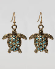 Gold Textured Turtle Dangle Earrings With Ocean Blue Crystals Coastal Cowgirl