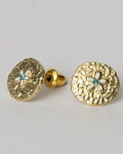 Textured Gold Sand Dollar And Aqua Crystal Stud Earrings Coastal Cowgirl