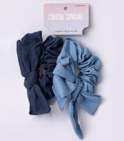 Set Of Two Denim Dark Blue Light Blue Hair Scrunchies With Bow Coastal Cowgirl