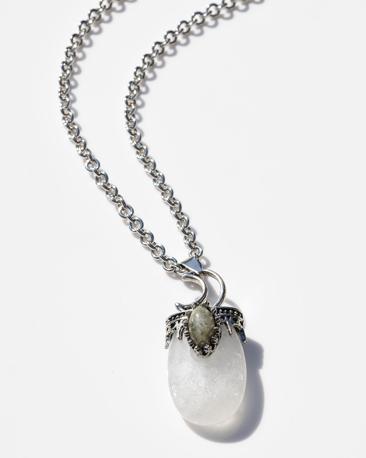 Moon Bezel Semiprecious Quartz Pendant On 28" Necklace Chain