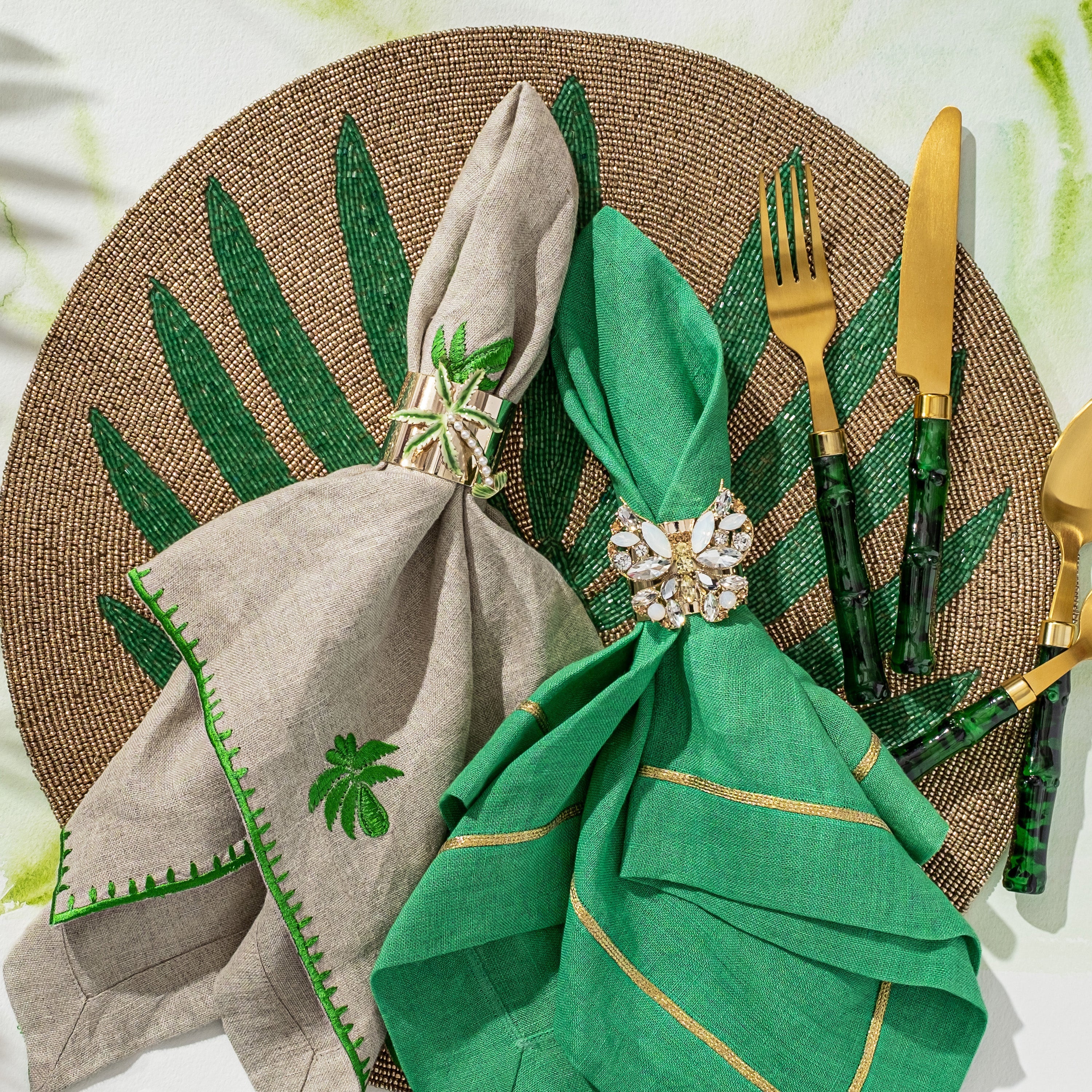 Palm Tree Embroidered Dinner Napkins, Flax, Set Of Two