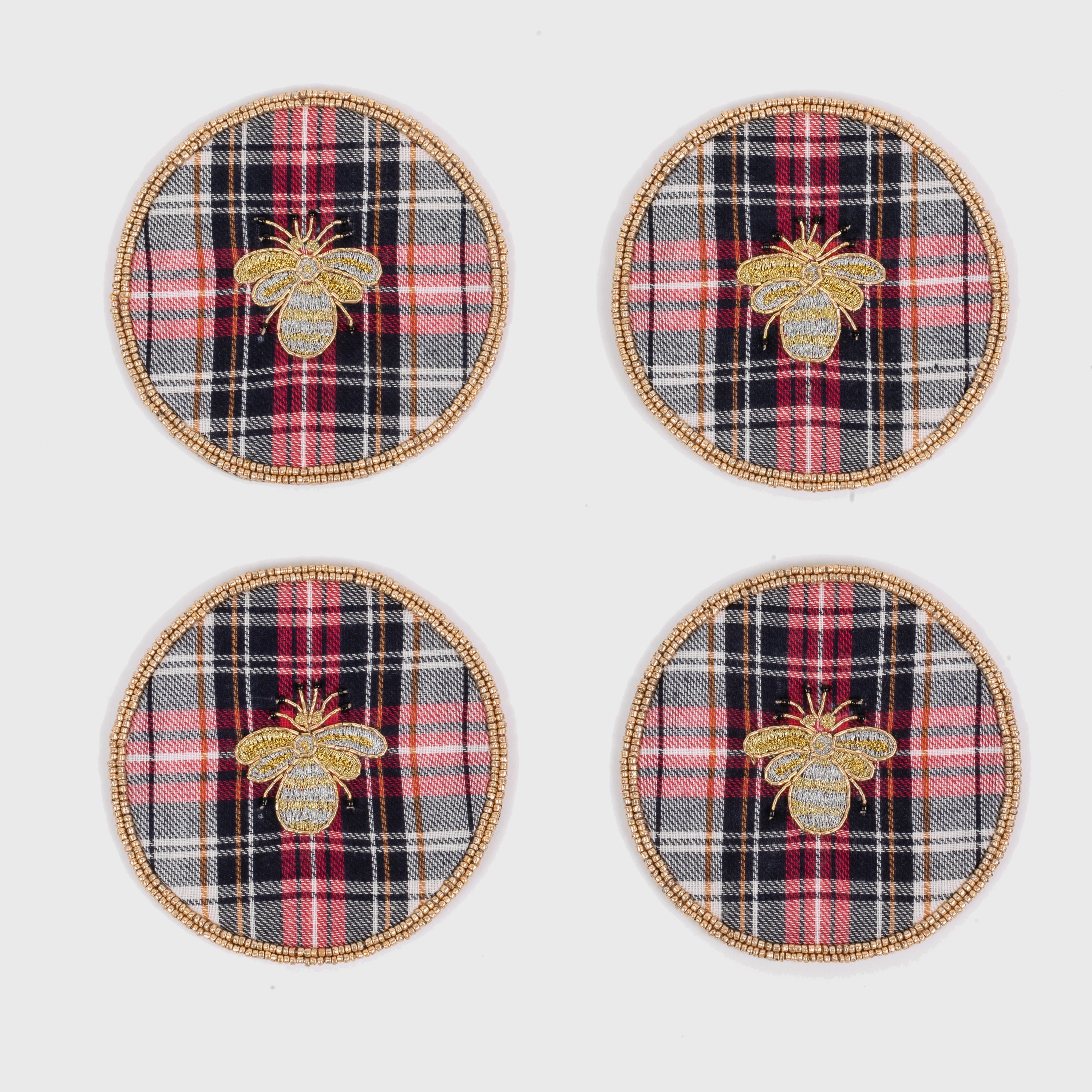 Embroidered Bee Plaid Coasters