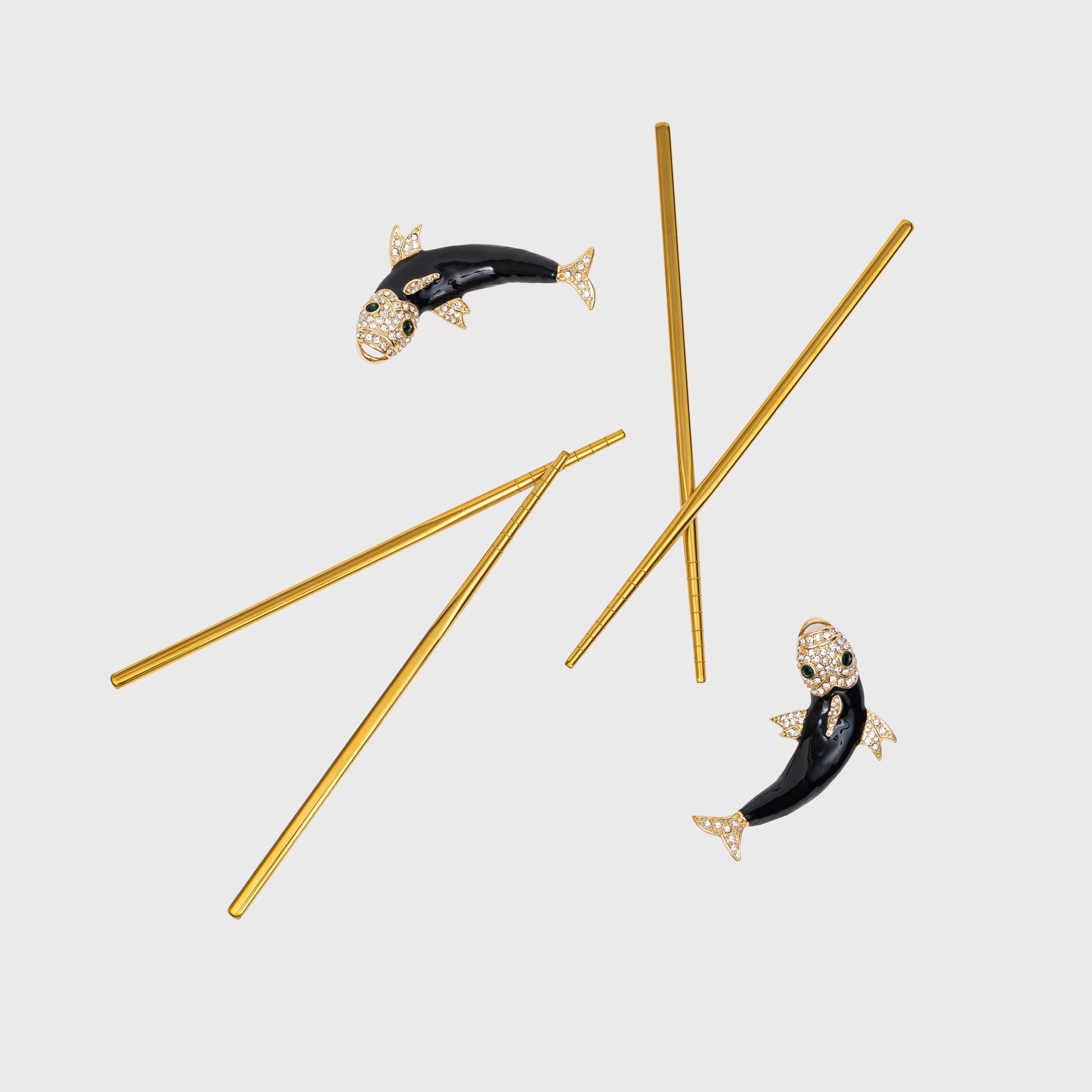 Enamel Koi Chopstick Rests And Chopsticks, Set Of Four