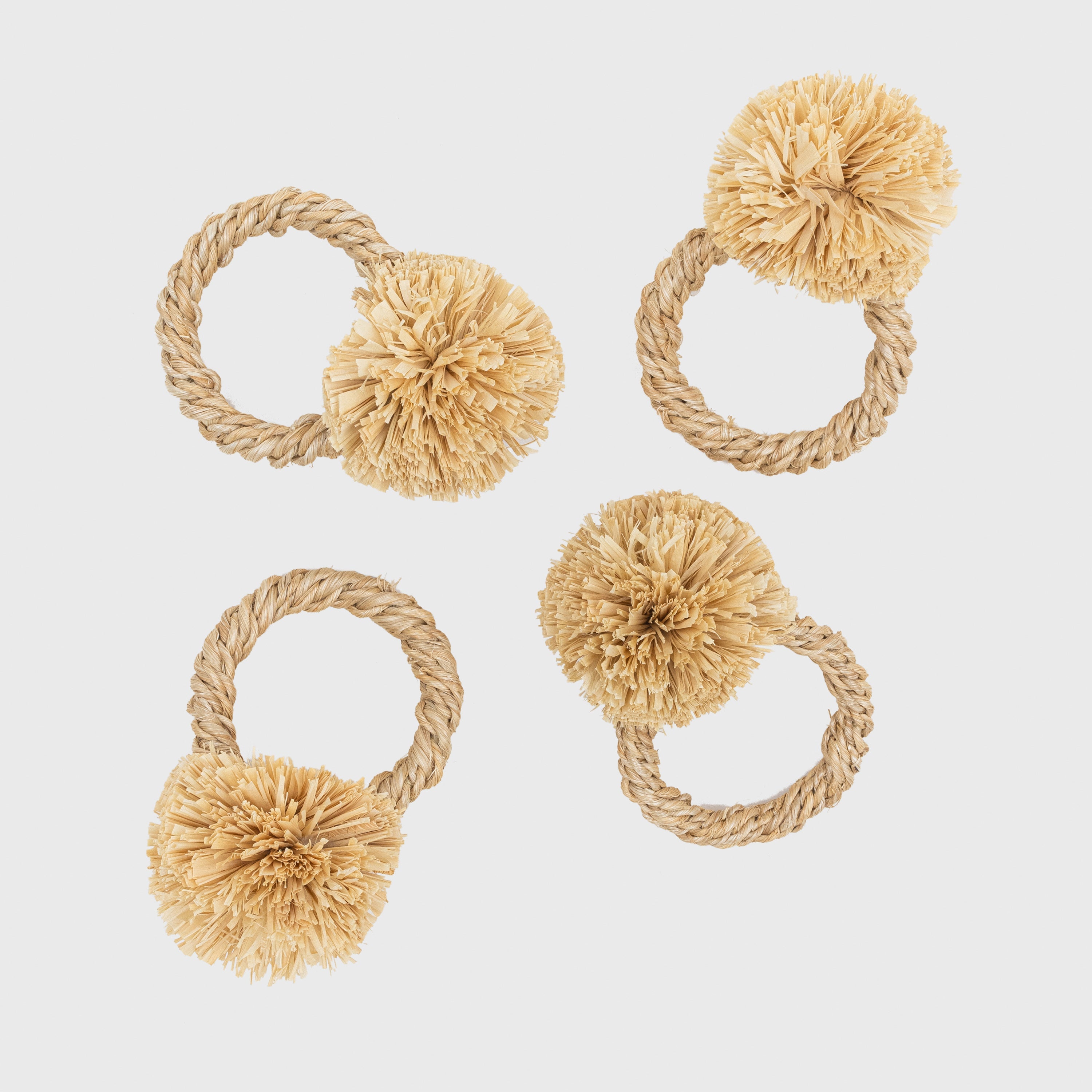 Straw Pompom Napkin Rings, Natural, Set Of Four