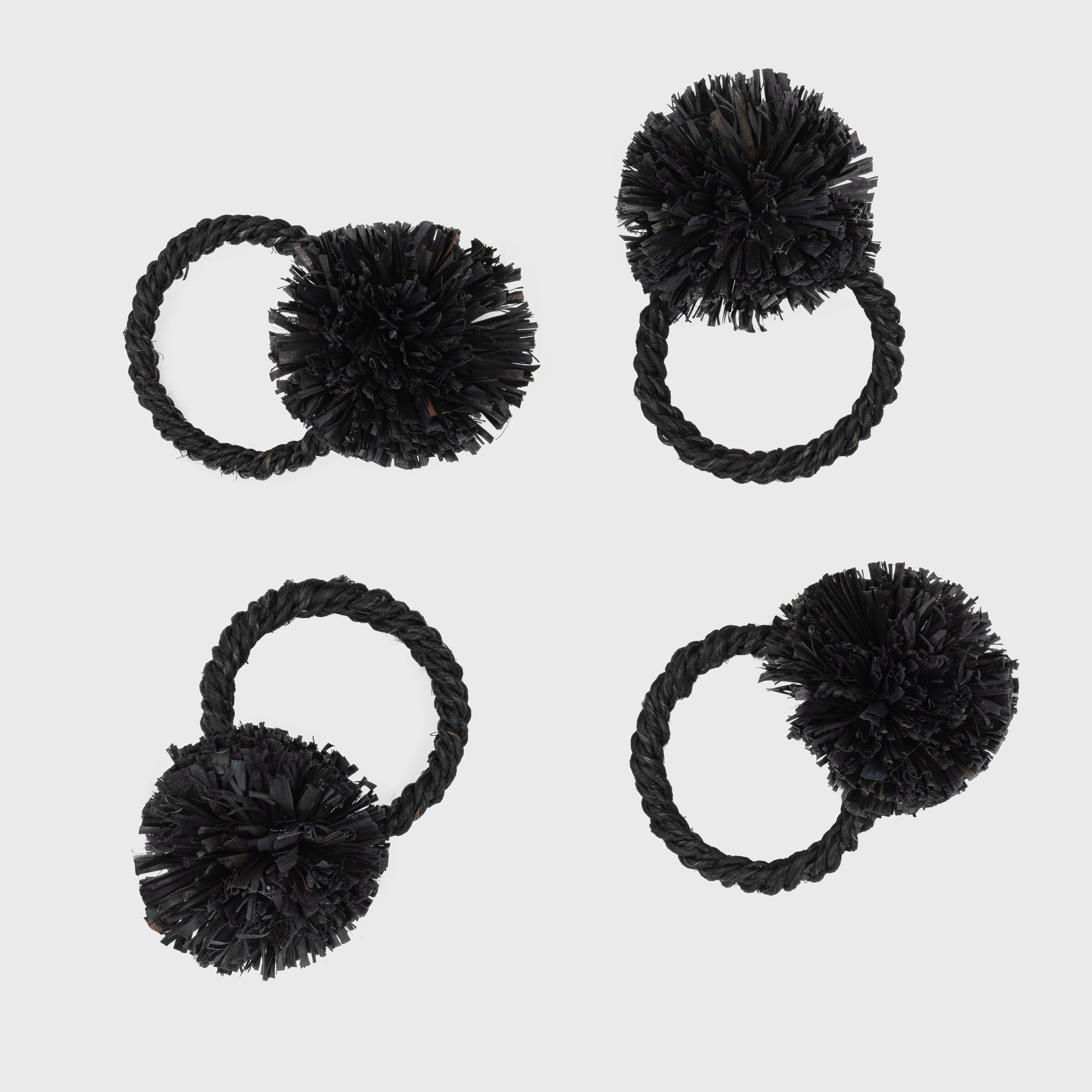 Straw Pompom Napkin Rings, Black, Set Of Four