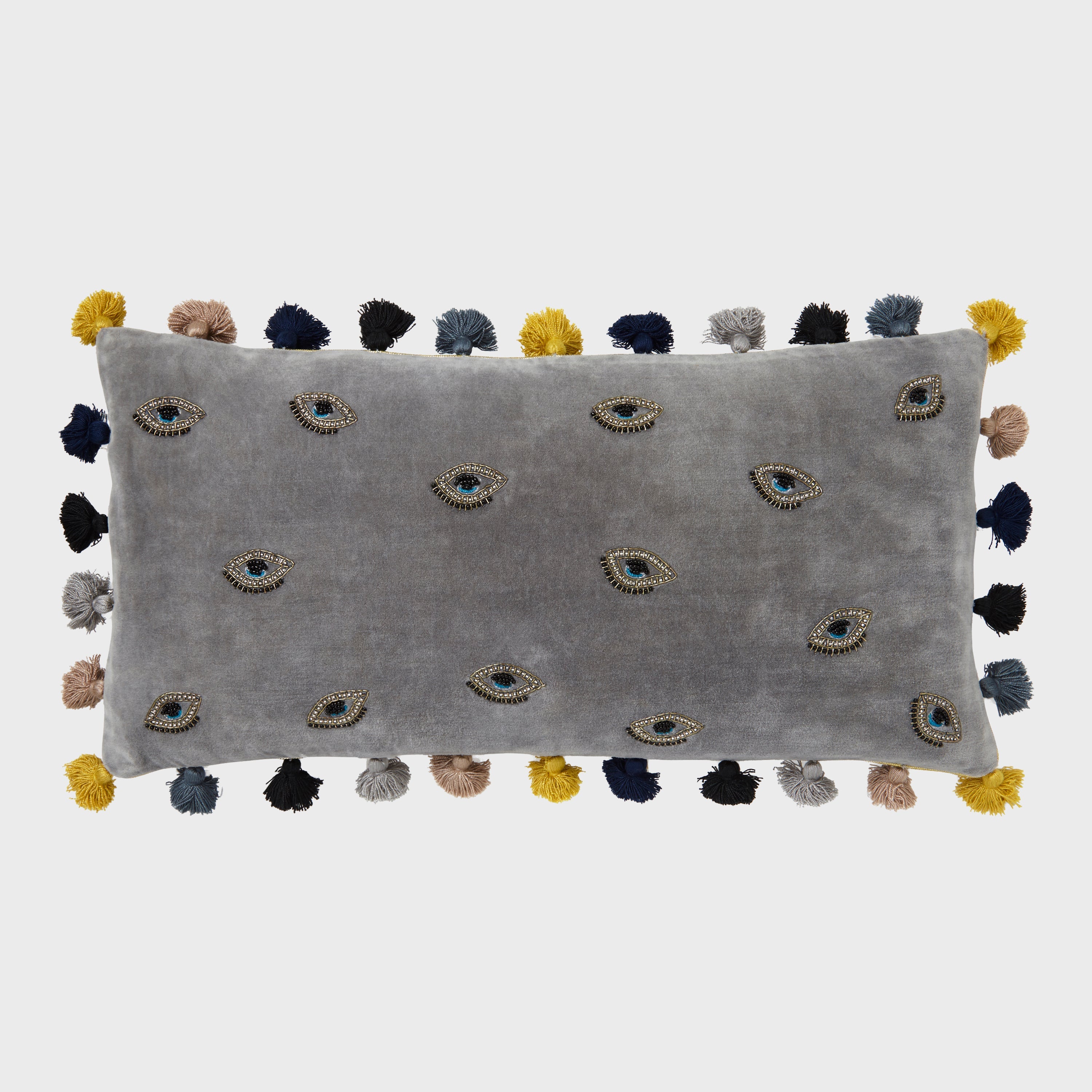 Embroidered Evil Eye Pillow, Grey Cotton Velvet