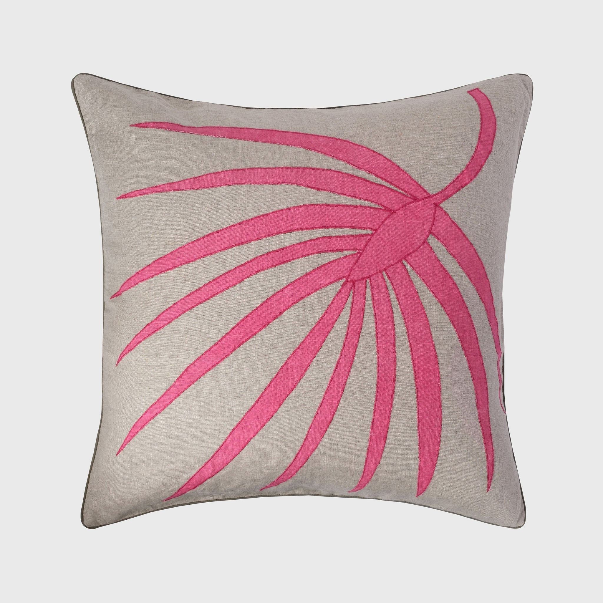 Palm Frond Pillow, Natural Linen With Bright Pink