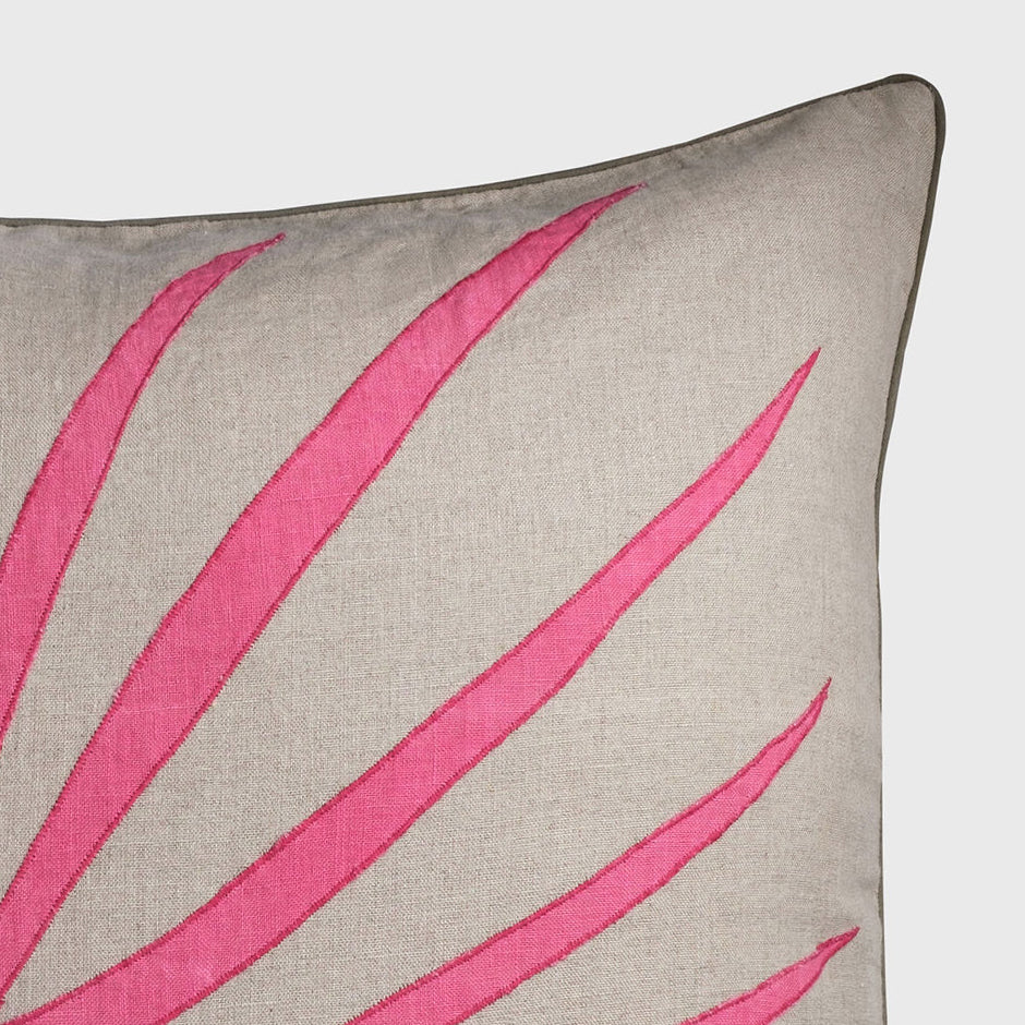 Palm Frond Pillow, Natural Linen With Bright Pink