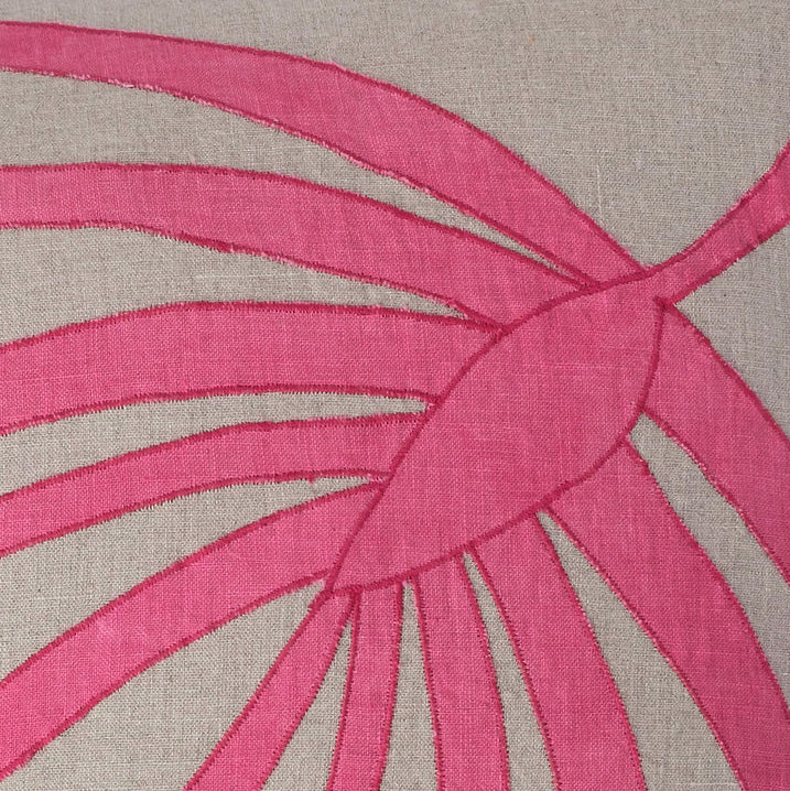 Palm Frond Pillow, Natural Linen With Bright Pink