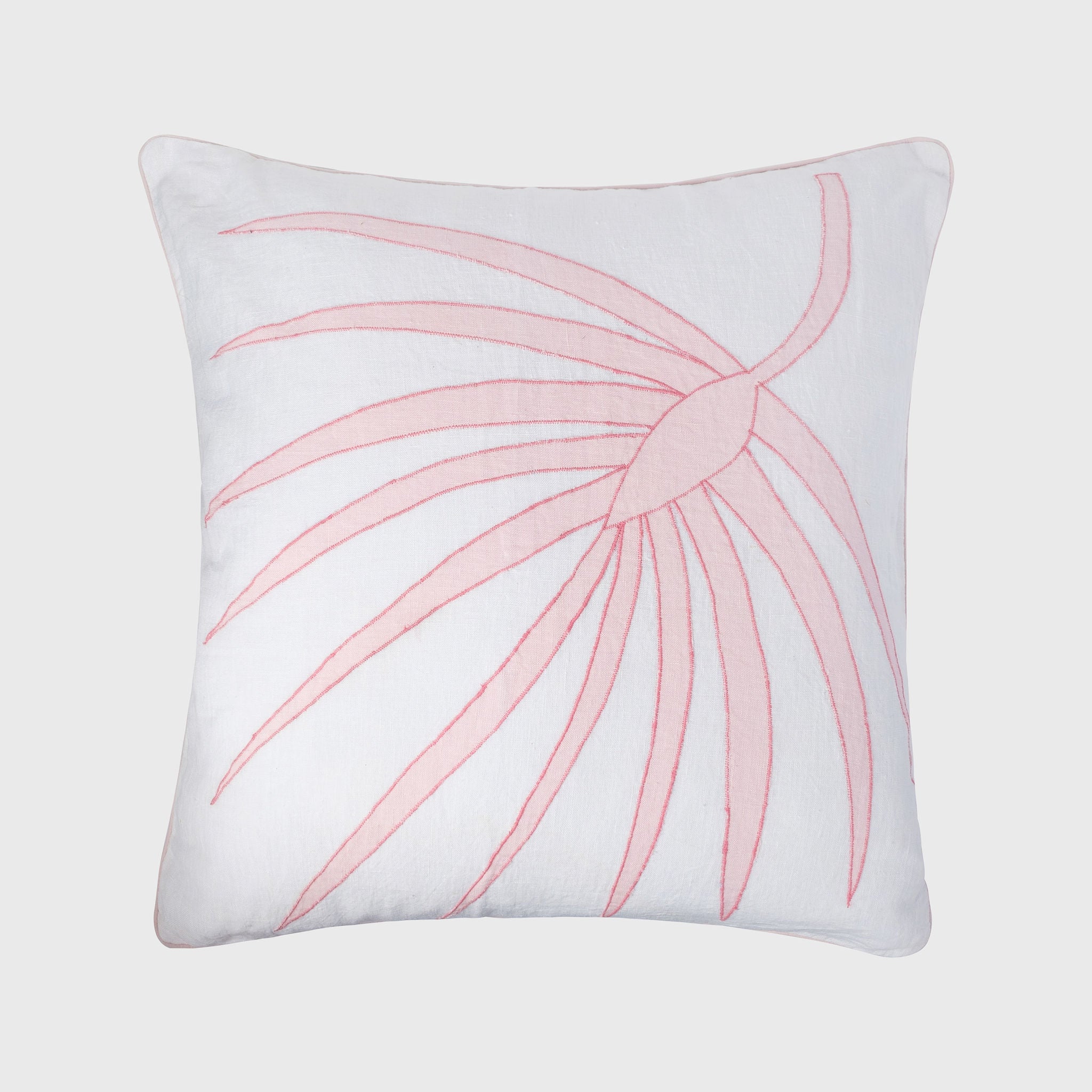 Palm Frond Pillow, White Linen With Pale Pink