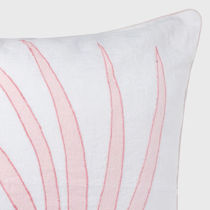 Palm Frond Pillow, White Linen With Pale Pink